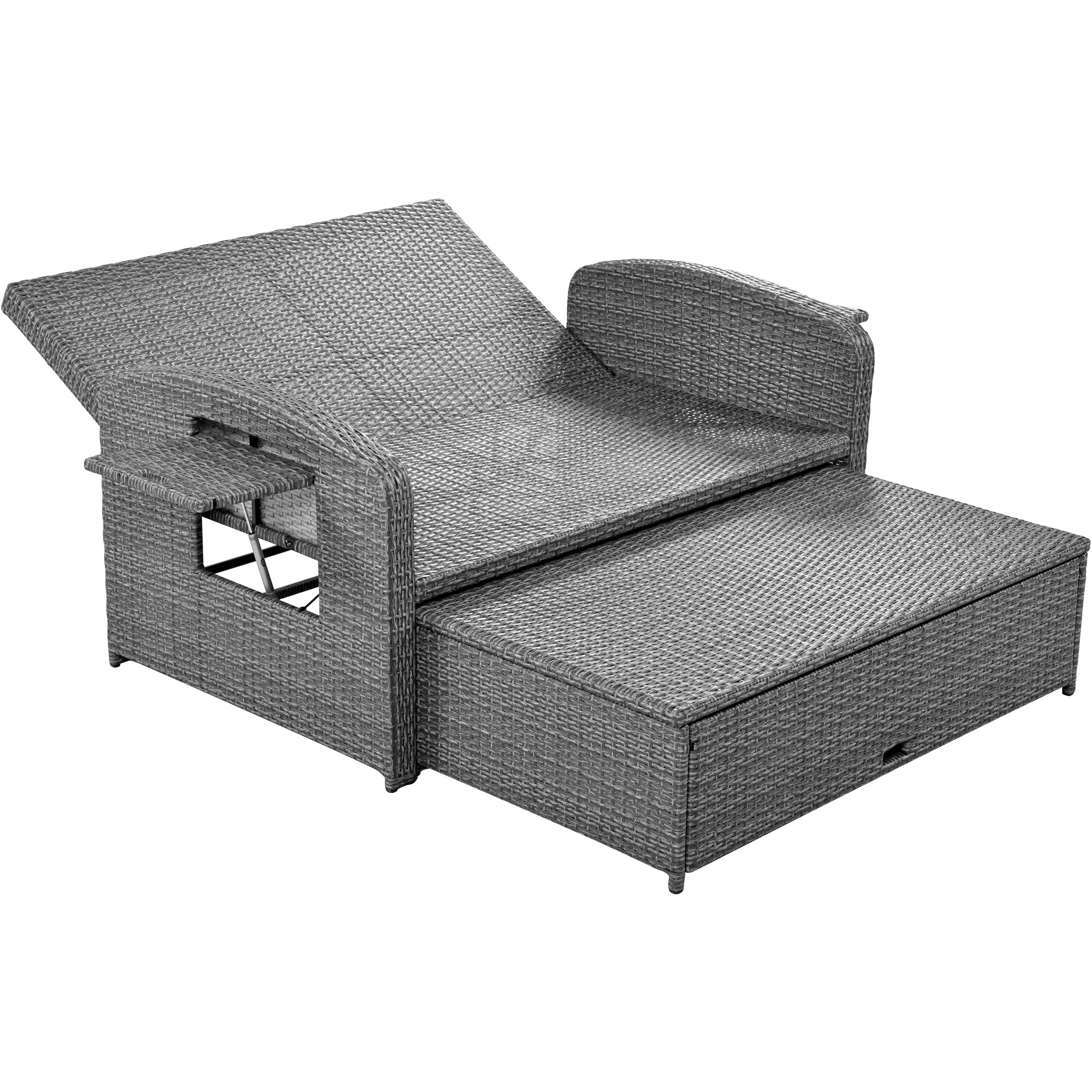 2-Person Rattan Wicker Outdoor Patio Reclining Daybed with Adjustable Back and Cushions