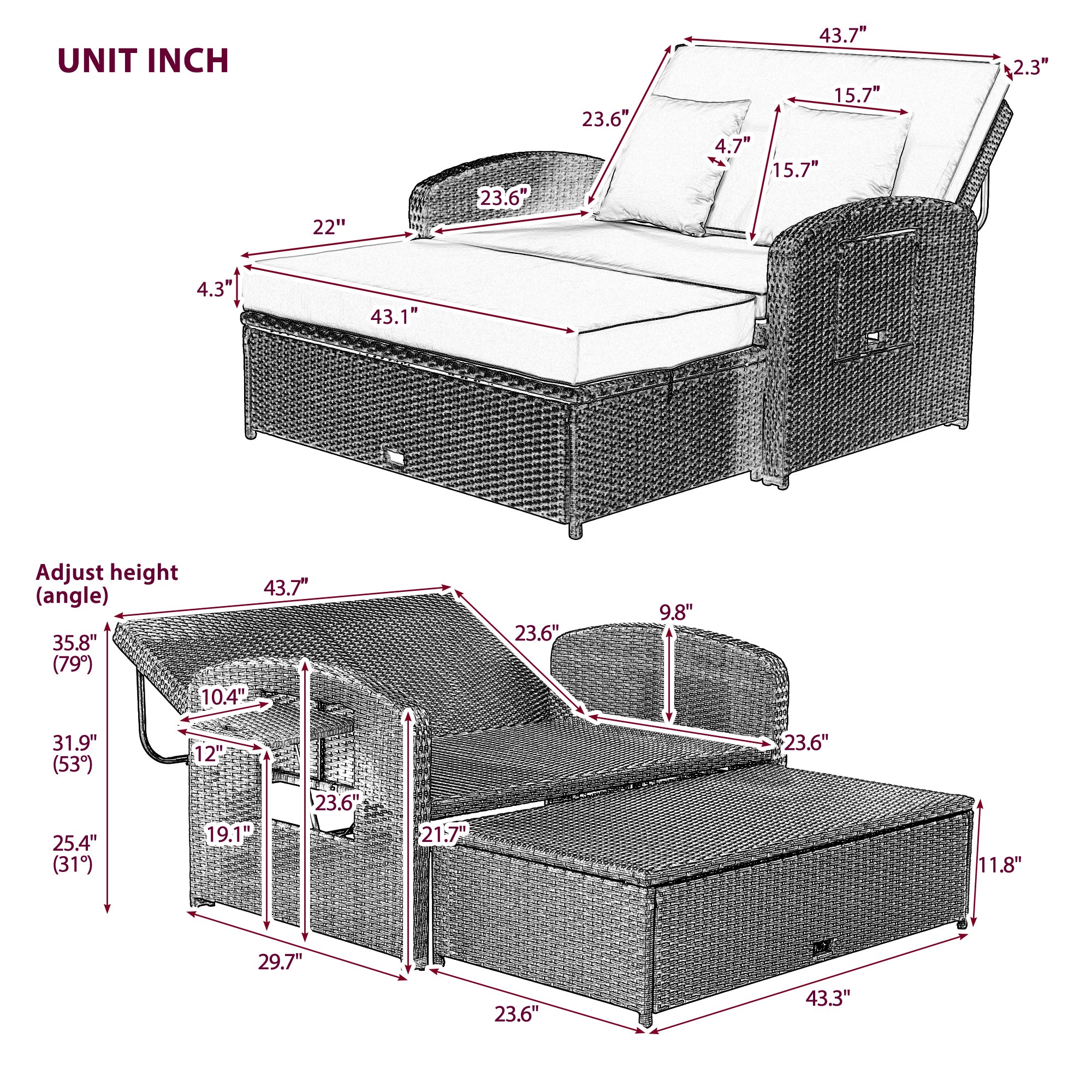 2-Person Rattan Wicker Outdoor Patio Reclining Daybed with Adjustable Back and Cushions