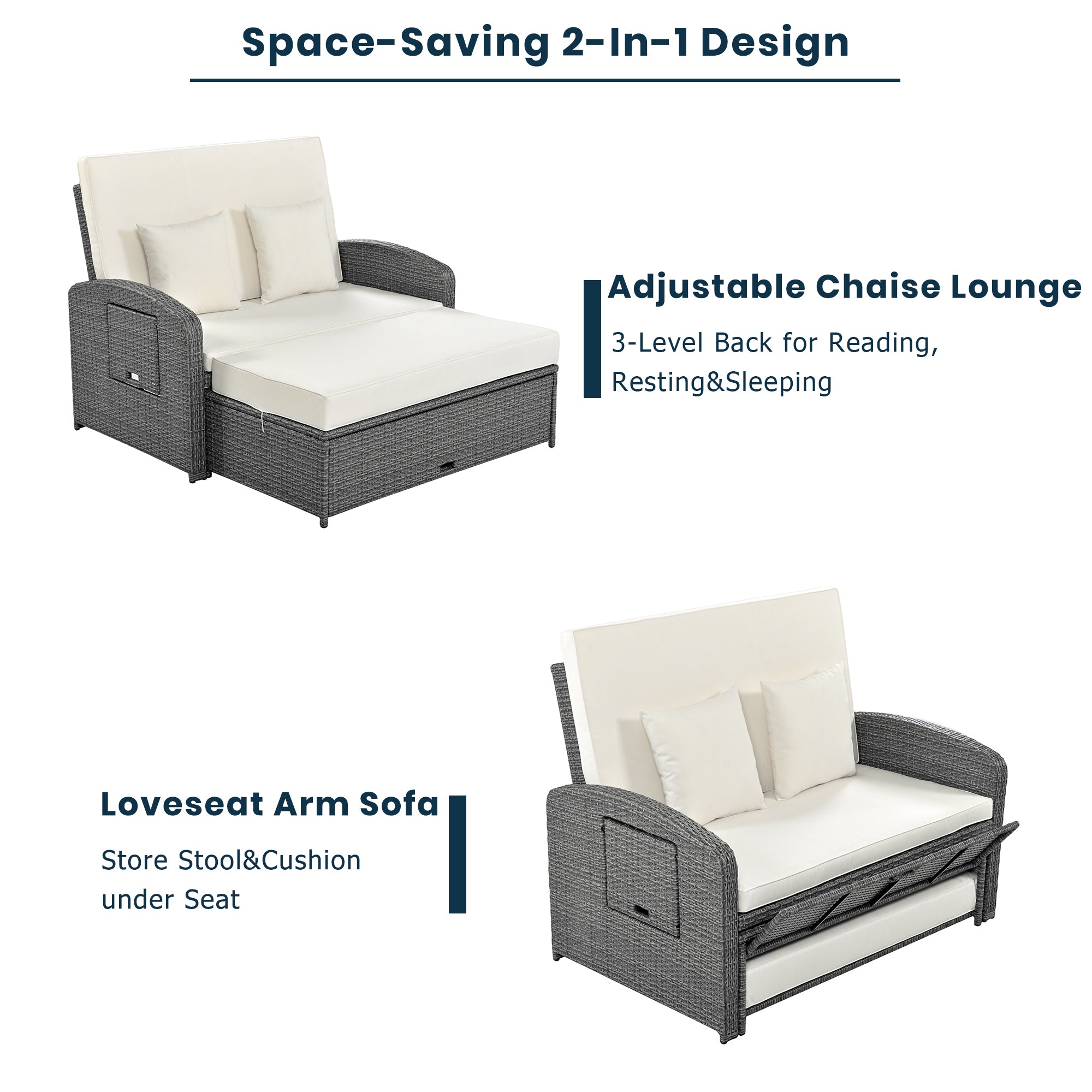 2-Person Rattan Wicker Outdoor Patio Reclining Daybed with Adjustable Back and Cushions