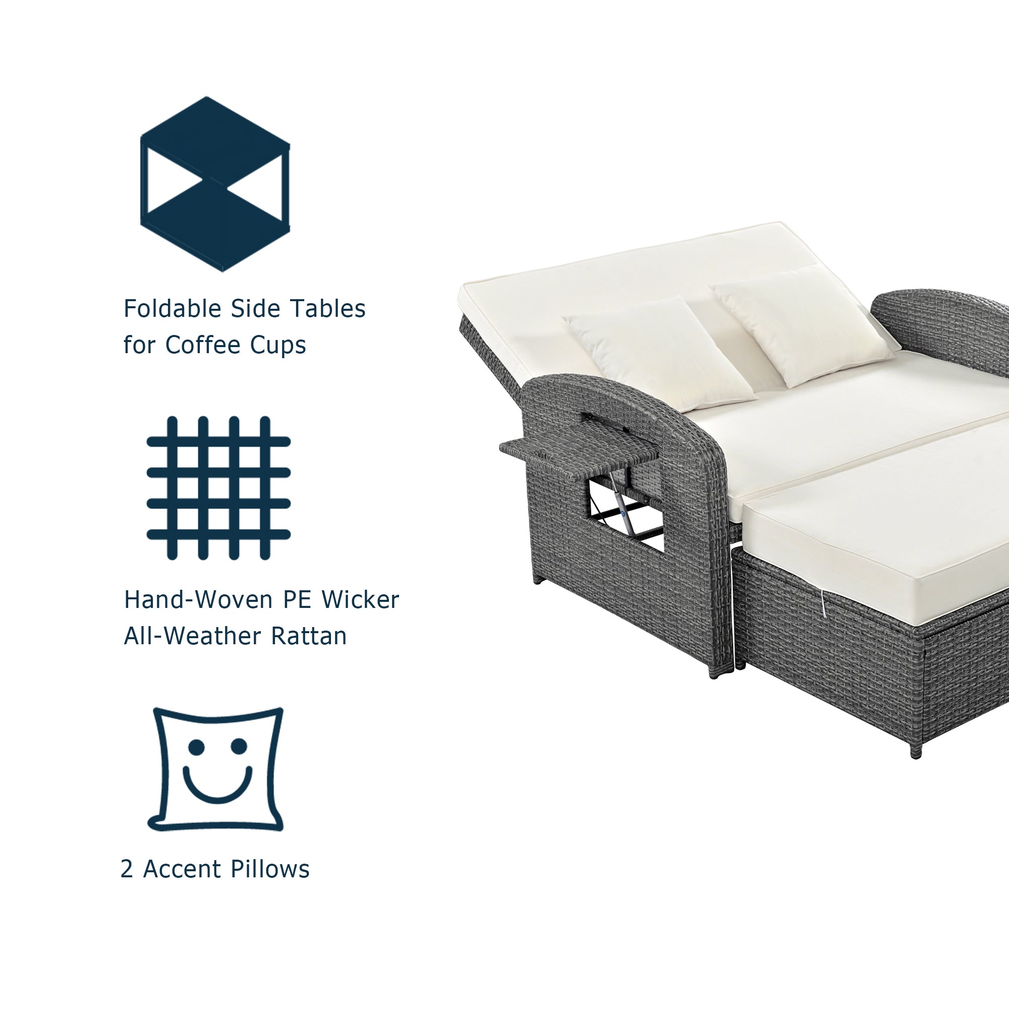 2-Person Rattan Wicker Outdoor Patio Reclining Daybed with Adjustable Back and Cushions