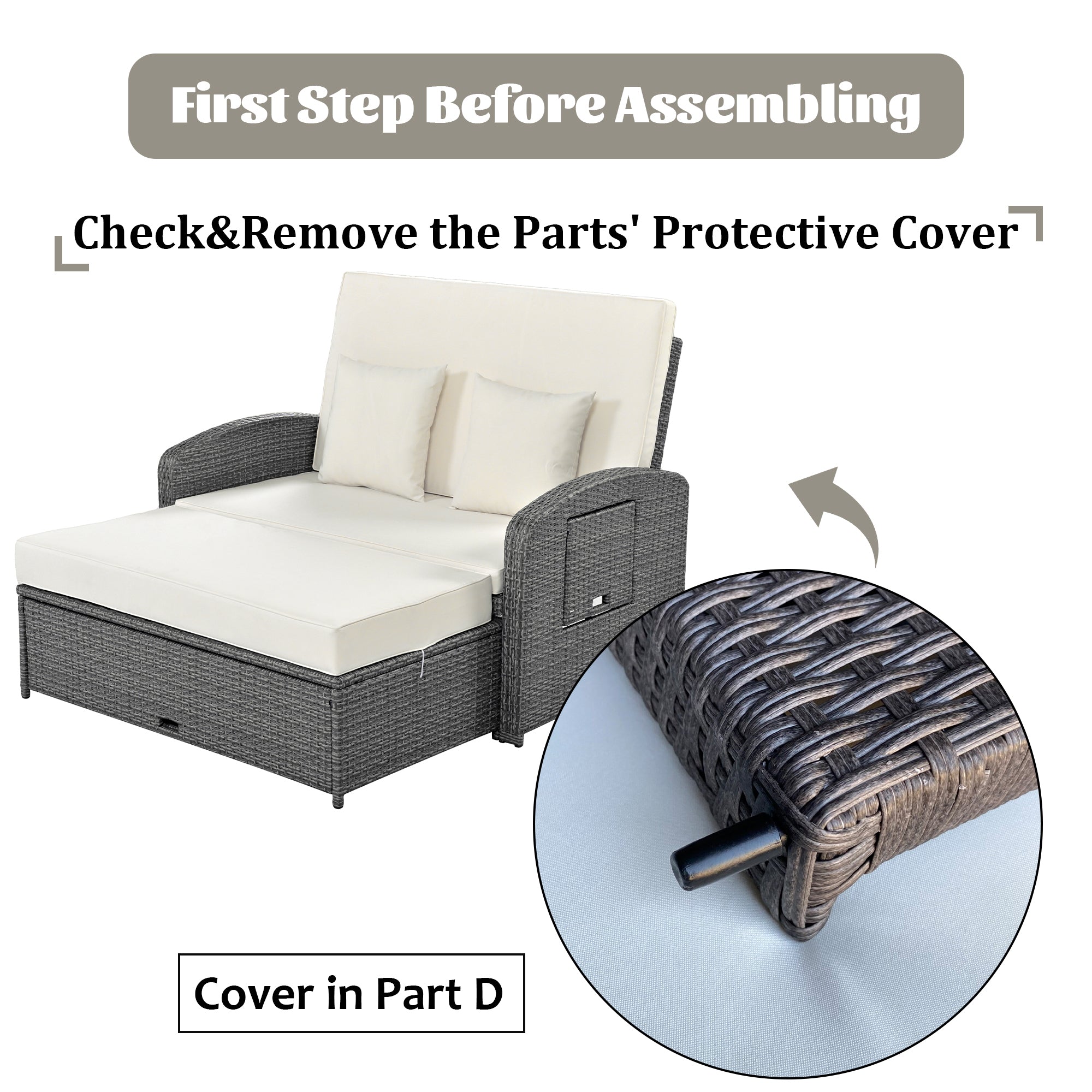 2-Person Rattan Wicker Outdoor Patio Reclining Daybed with Adjustable Back and Cushions