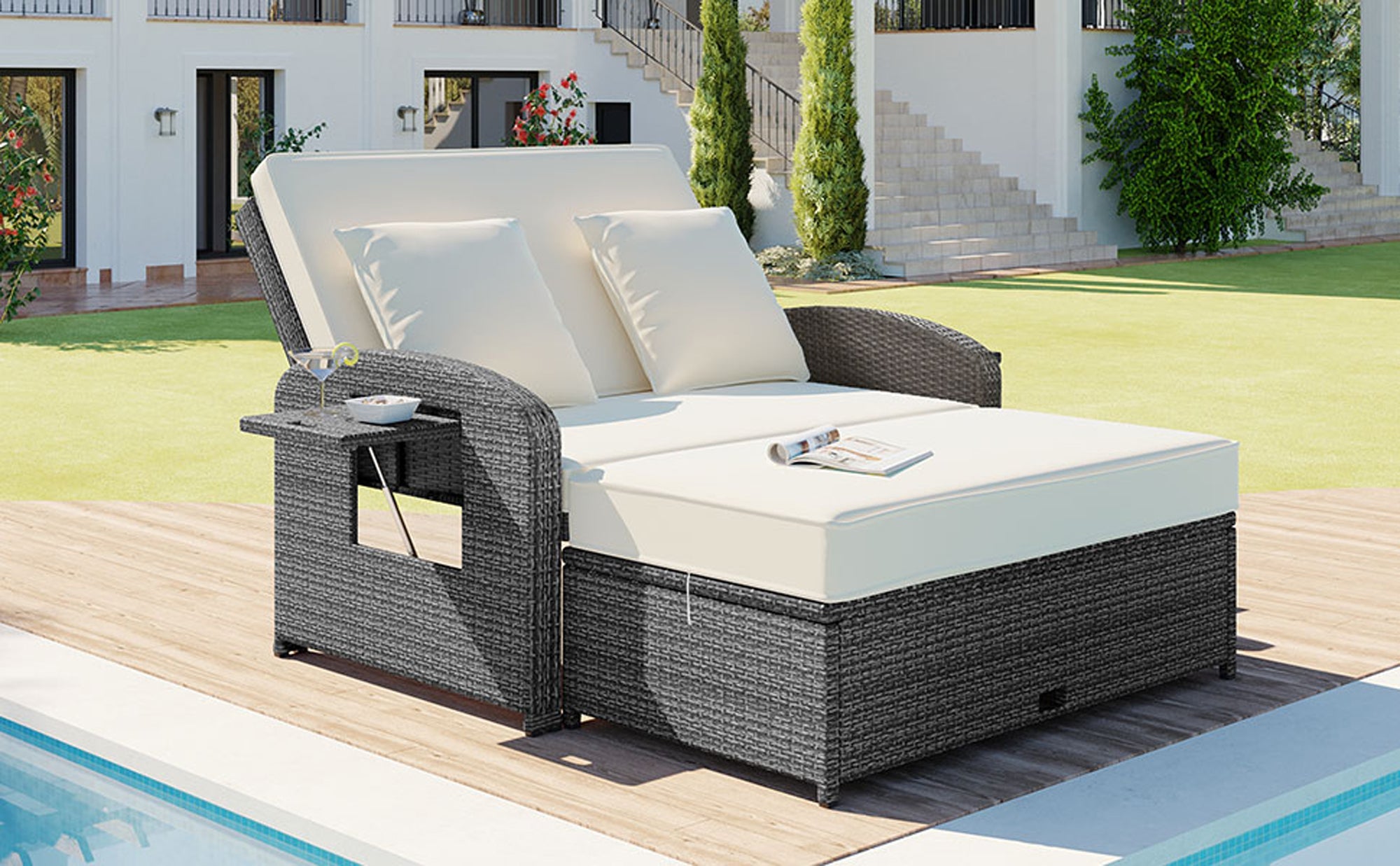 2-Person Rattan Wicker Outdoor Patio Reclining Daybed with Adjustable Back and Cushions