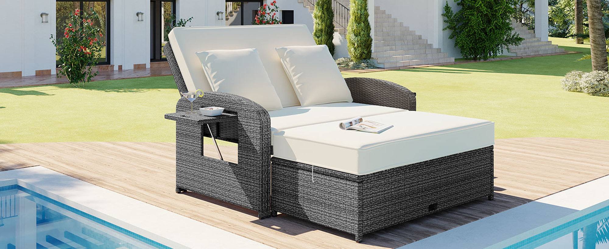 2-Person Rattan Wicker Outdoor Patio Reclining Daybed with Adjustable Back and Cushions