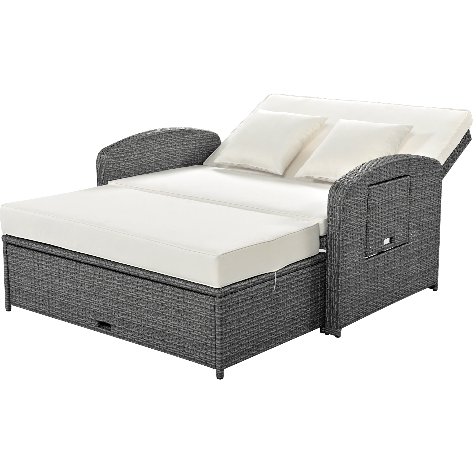 2-Person Rattan Wicker Outdoor Patio Reclining Daybed with Adjustable Back and Cushions
