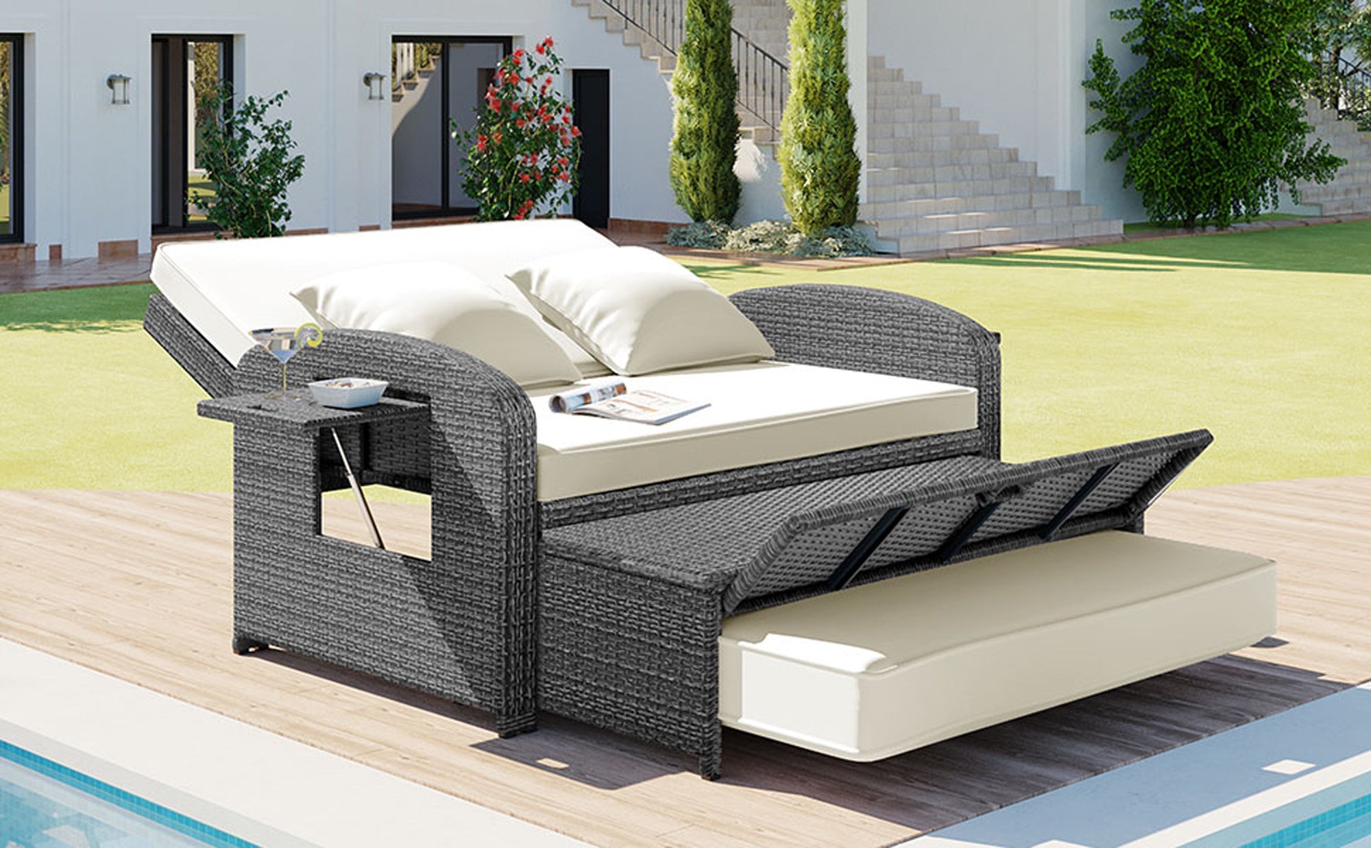 2-Person Rattan Wicker Outdoor Patio Reclining Daybed with Adjustable Back and Cushions