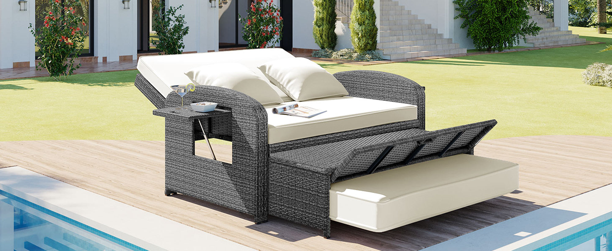 2-Person Rattan Wicker Outdoor Patio Reclining Daybed with Adjustable Back and Cushions