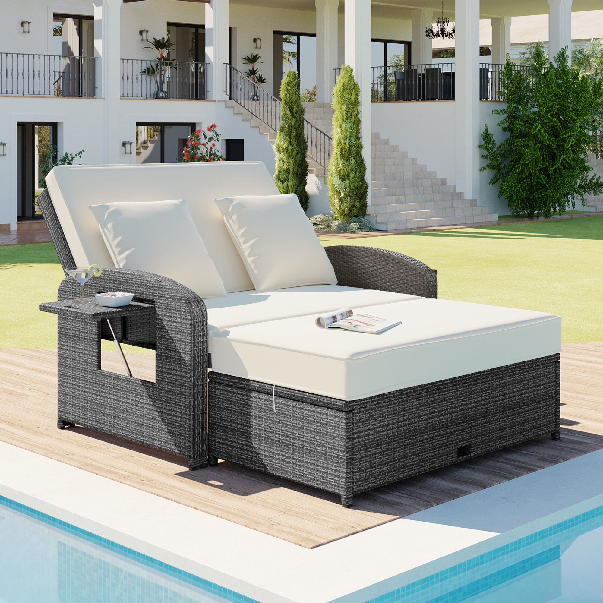 2-Person Rattan Wicker Outdoor Patio Reclining Daybed with Adjustable Back and Cushions