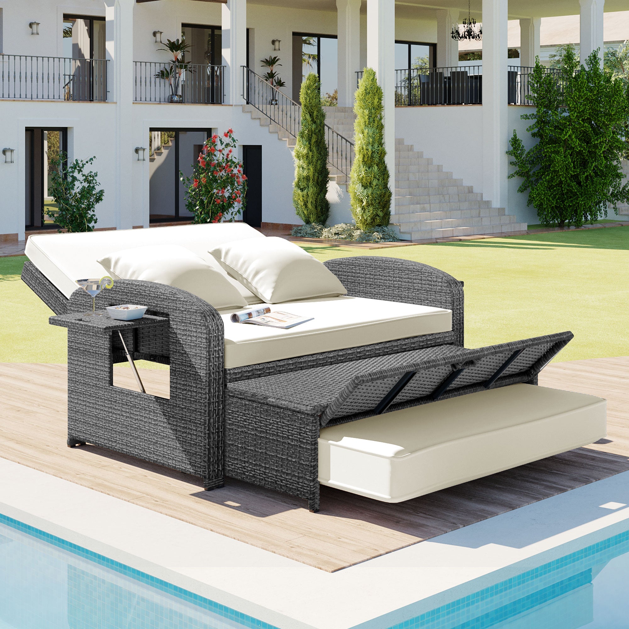 2-Person Rattan Wicker Outdoor Patio Reclining Daybed with Adjustable Back and Cushions