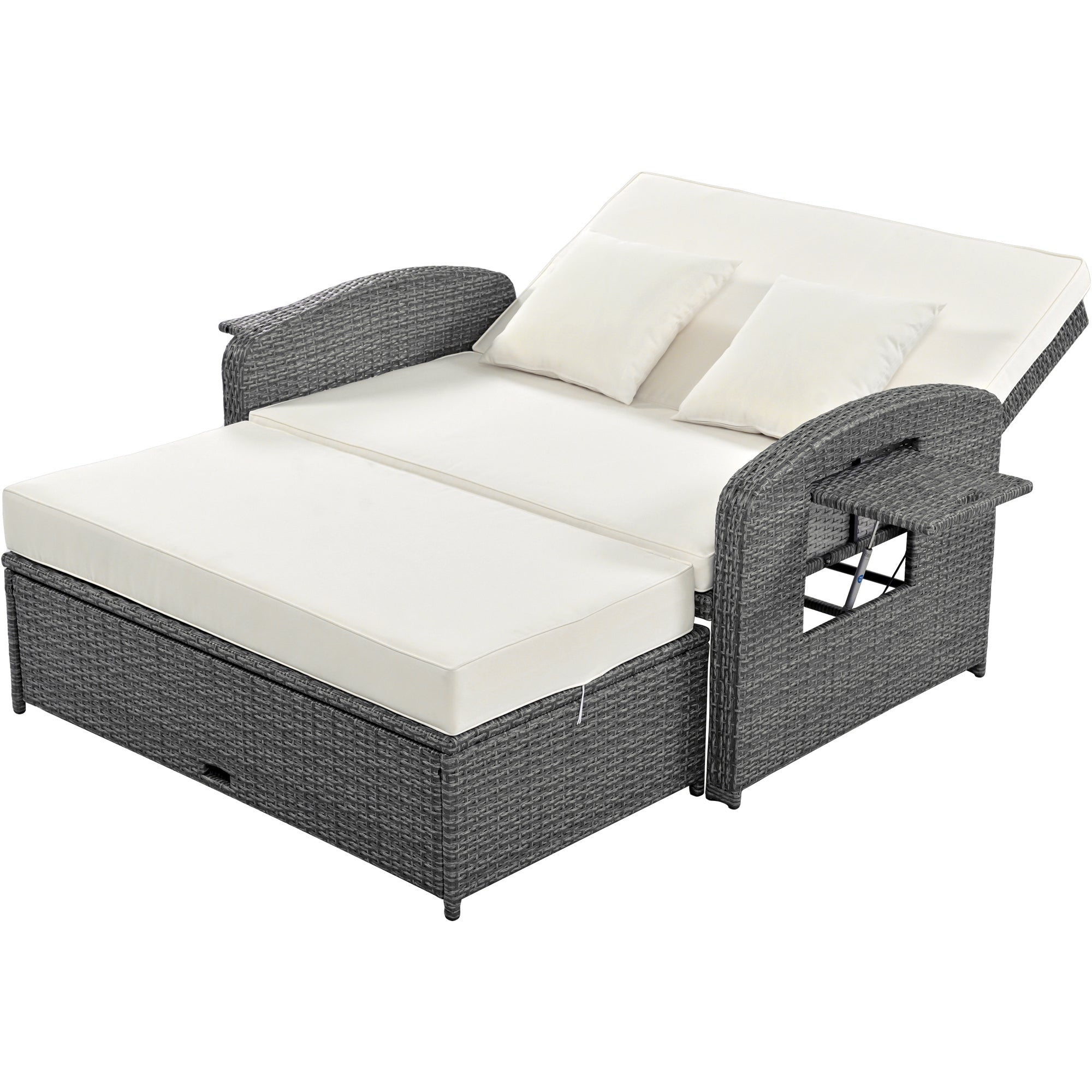 2-Person Rattan Wicker Outdoor Patio Reclining Daybed with Adjustable Back and Cushions
