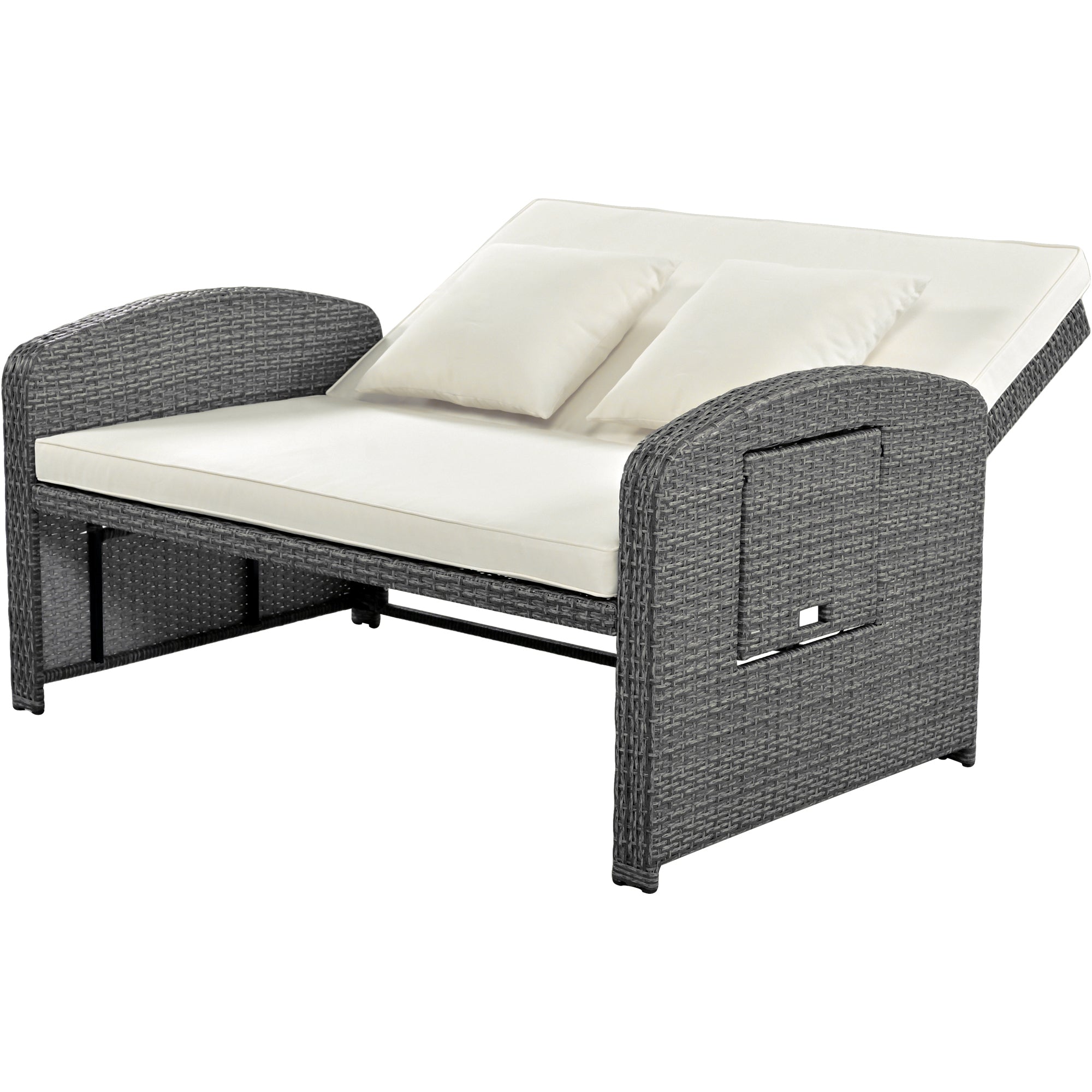 2-Person Rattan Wicker Outdoor Patio Reclining Daybed with Adjustable Back and Cushions