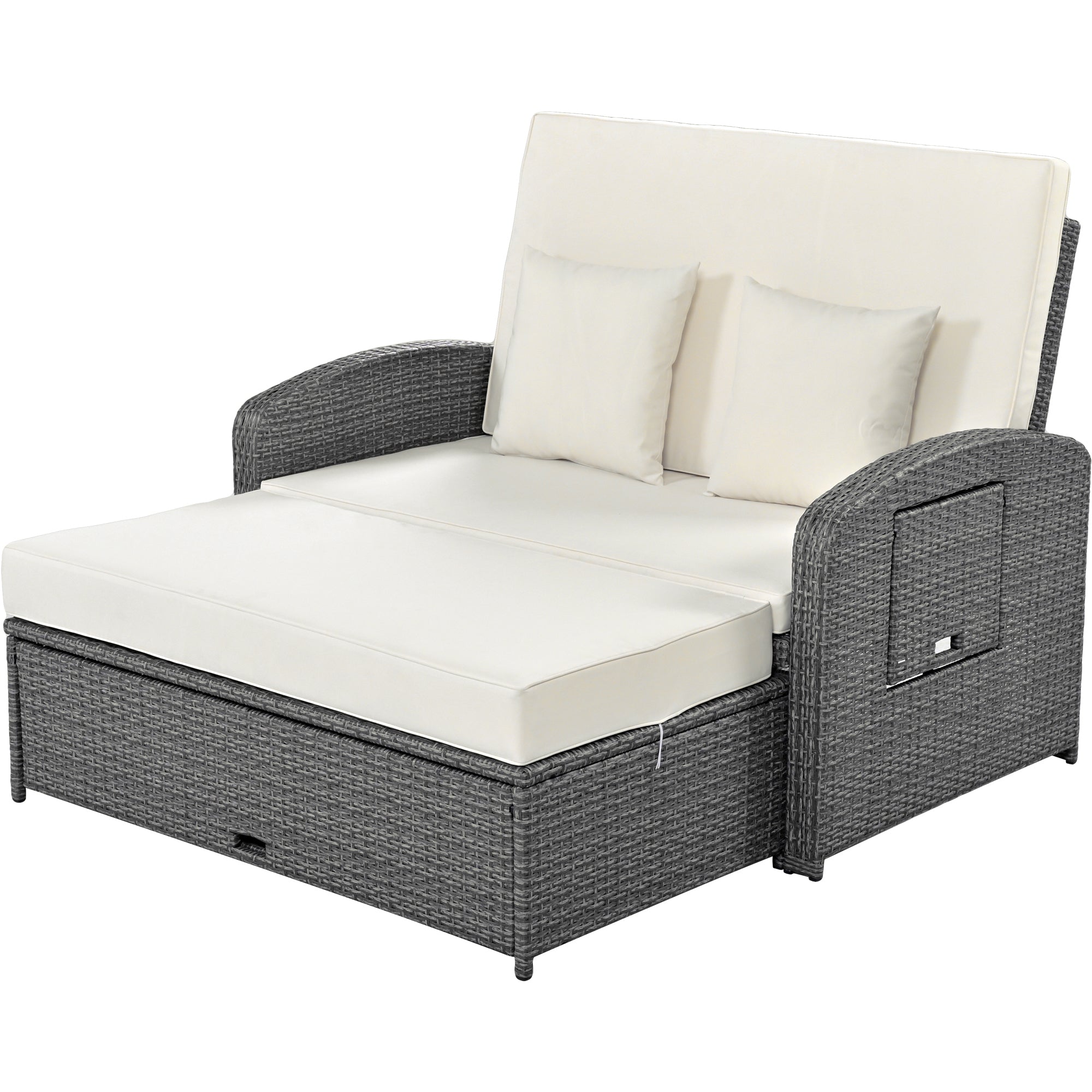 2-Person Rattan Wicker Outdoor Patio Reclining Daybed with Adjustable Back and Cushions