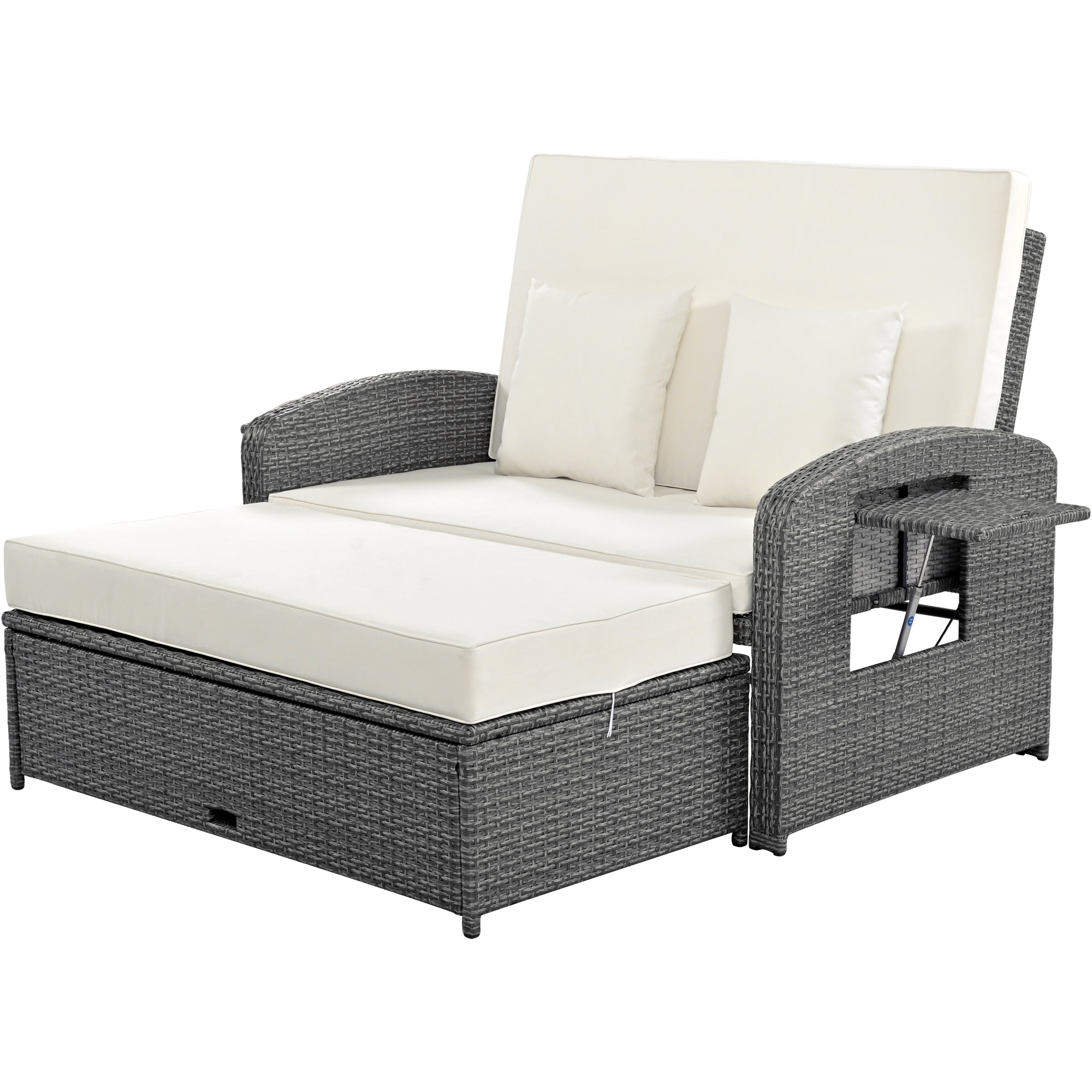 2-Person Rattan Wicker Outdoor Patio Reclining Daybed with Adjustable Back and Cushions