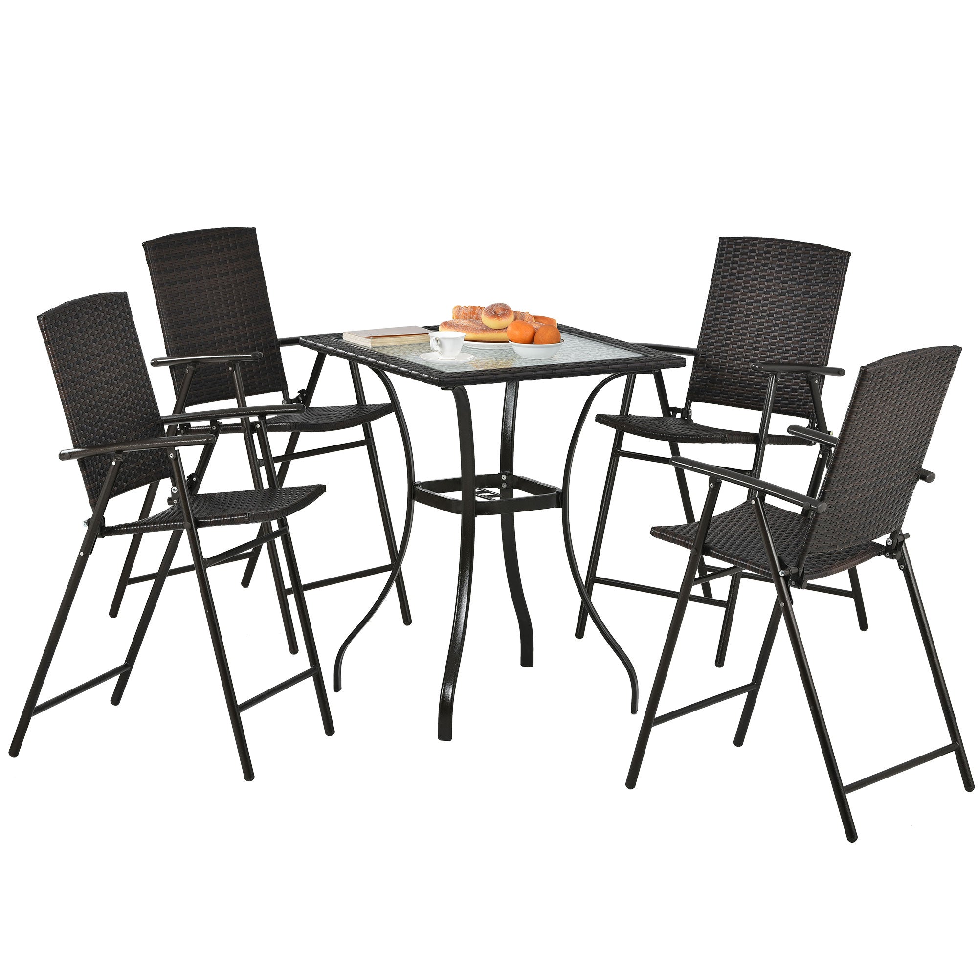 5 Pieces Outdoor Patio Rattan Counter Height Dining Table Set with Foldable Chairs