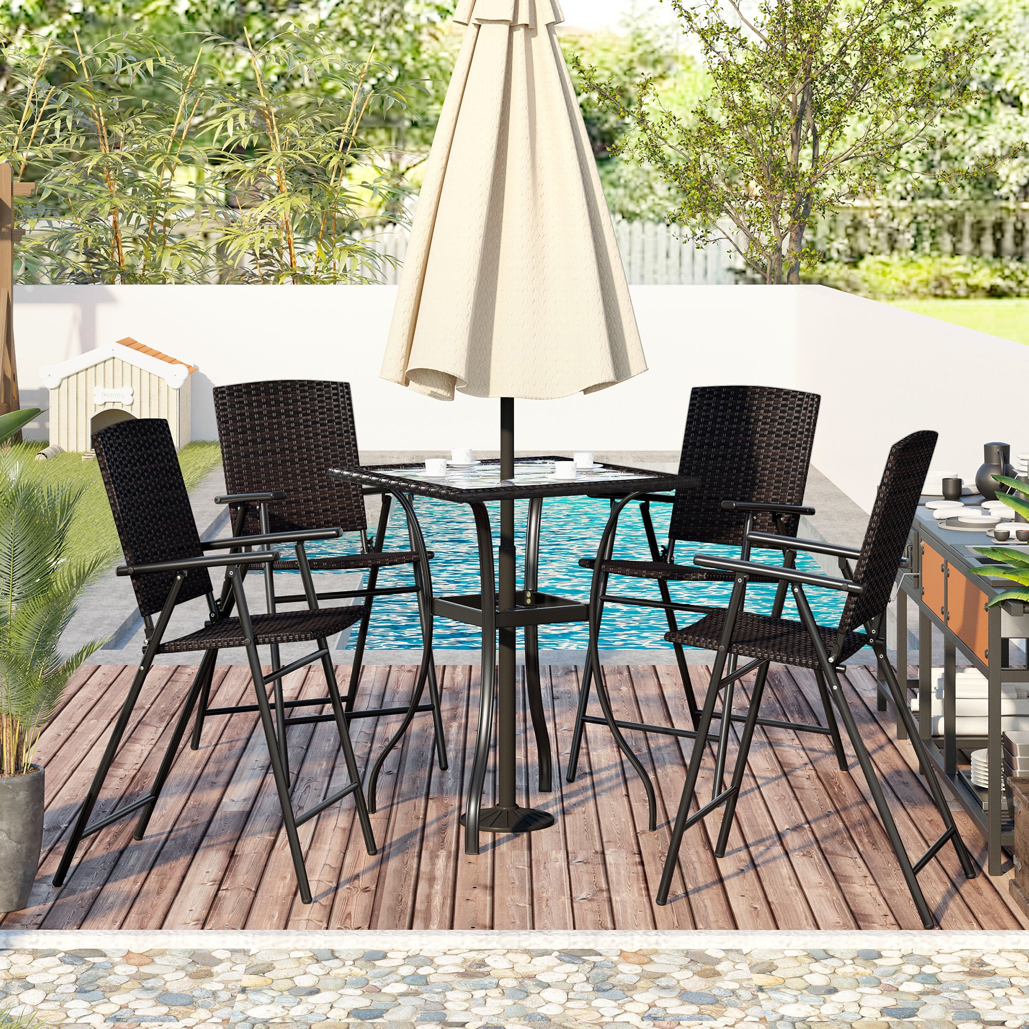 5 Pieces Outdoor Patio Rattan Counter Height Dining Table Set with Foldable Chairs