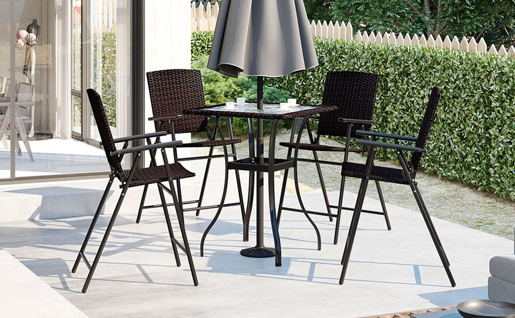 5 Pieces Outdoor Patio Rattan Counter Height Dining Table Set with Foldable Chairs