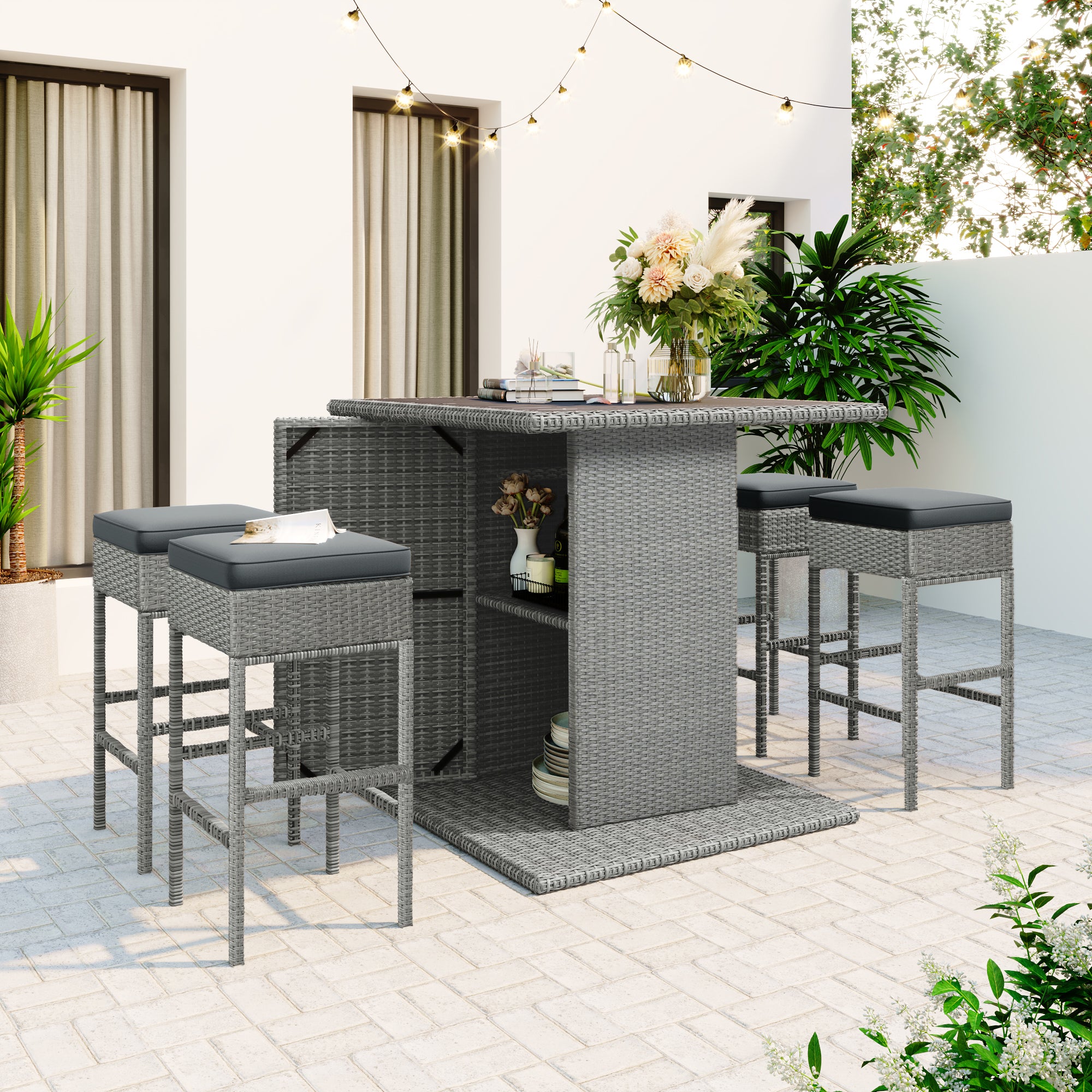 5 Pieces Outdoor Patio Rattan Dining Table Set with Storage Shelf