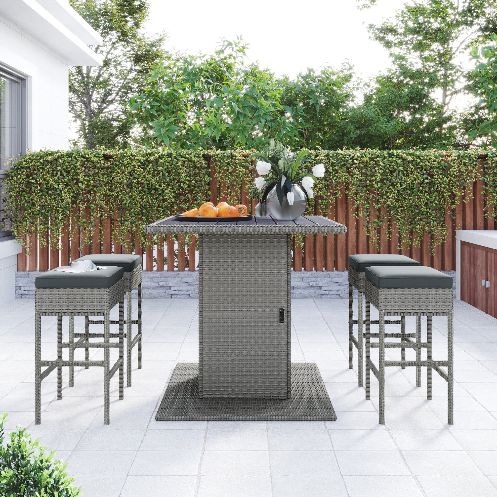 5 Pieces Outdoor Patio Rattan Dining Table Set with Storage Shelf