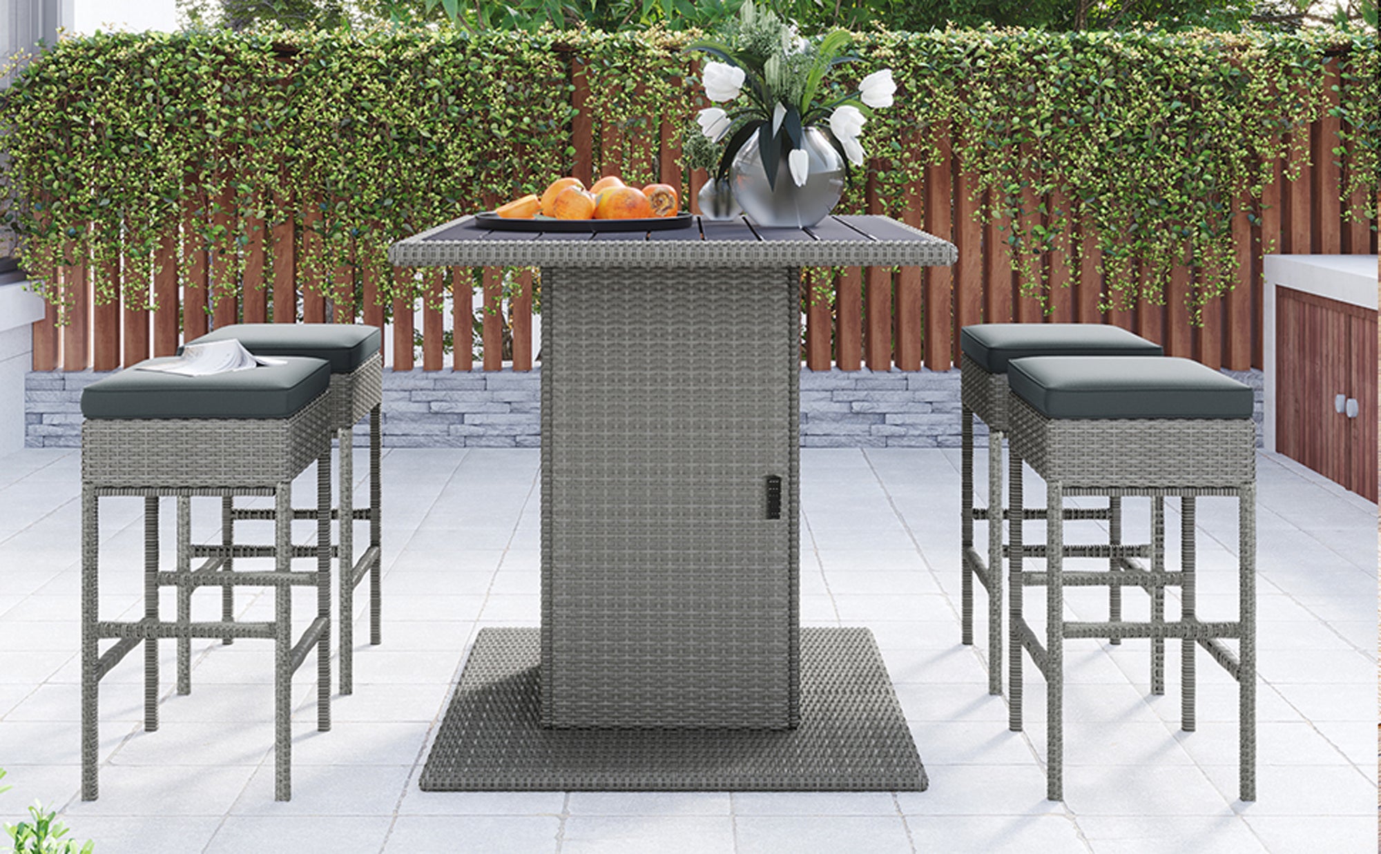 5 Pieces Outdoor Patio Rattan Dining Table Set with Storage Shelf