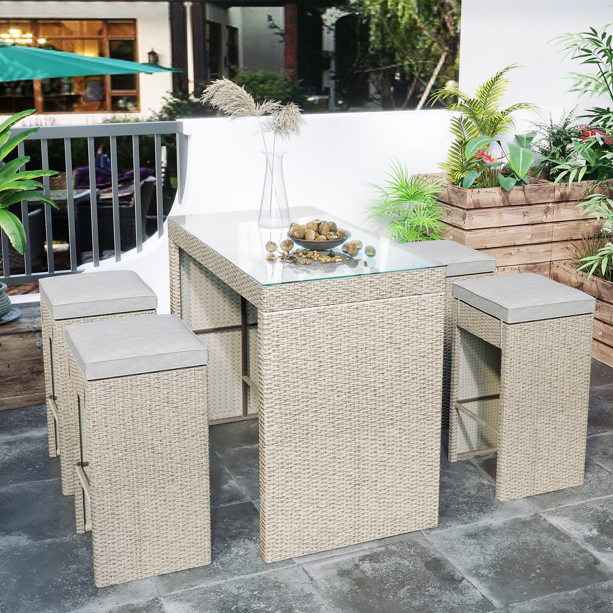 5 Pieces Outdoor Patio Rattan Bar Dining Table Set with 4 Stools