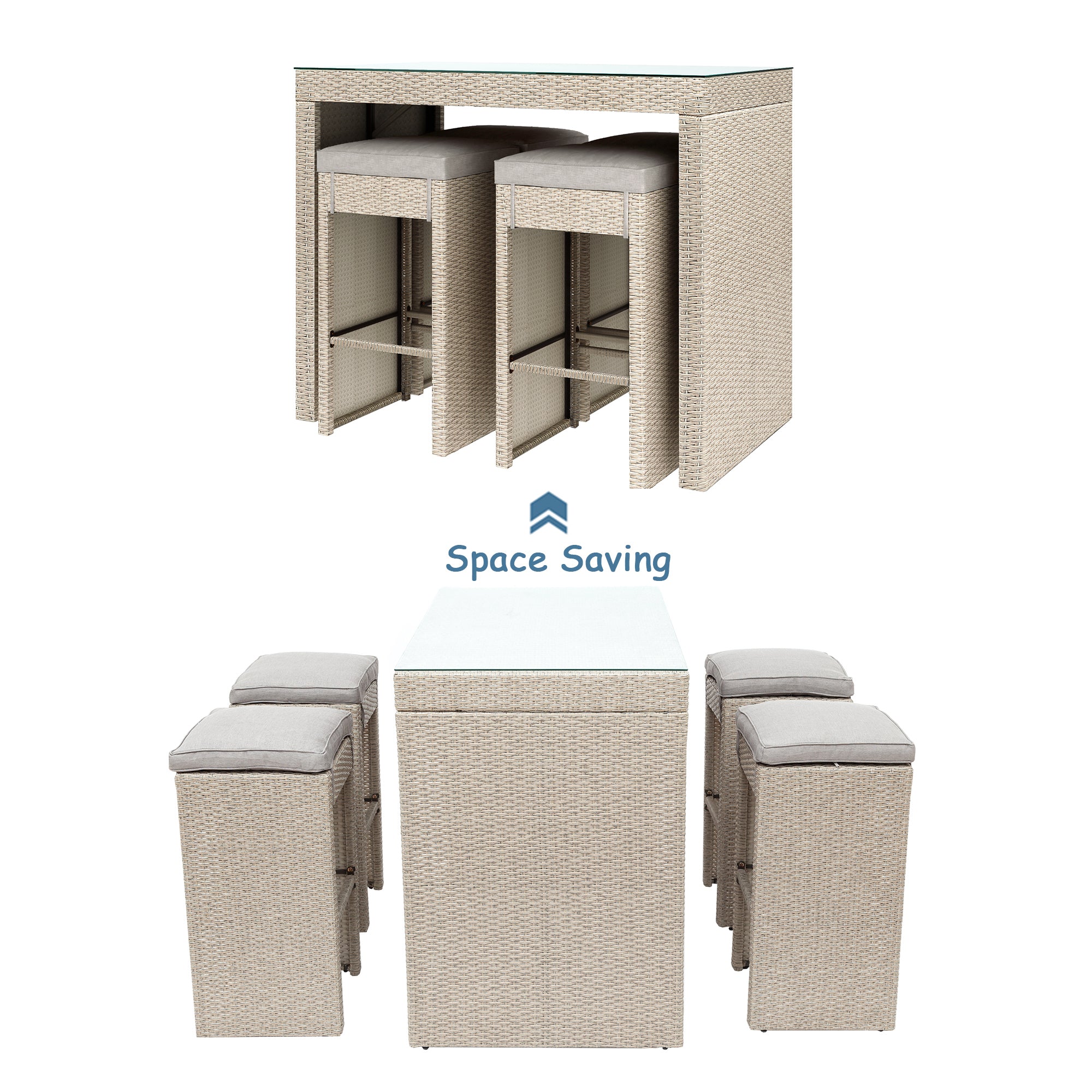 5 Pieces Outdoor Patio Rattan Bar Dining Table Set with 4 Stools