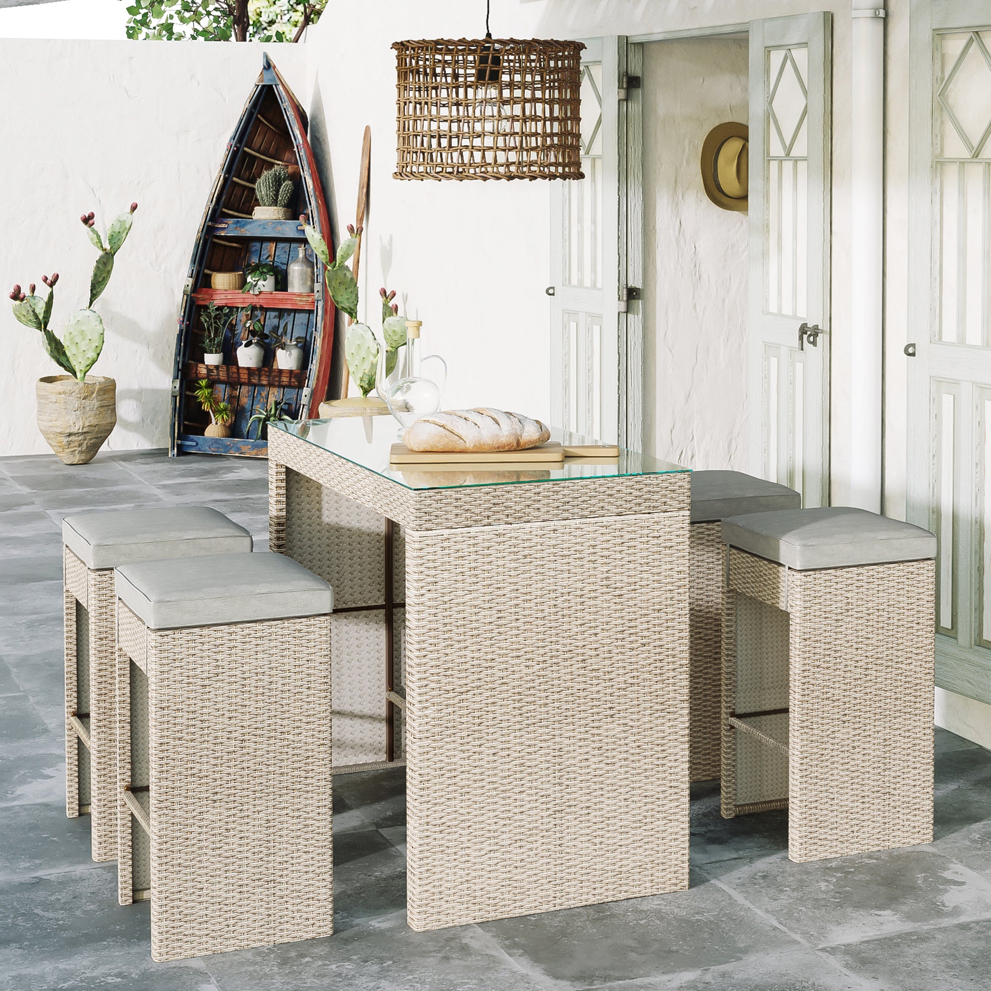 5 Pieces Outdoor Patio Rattan Bar Dining Table Set with 4 Stools
