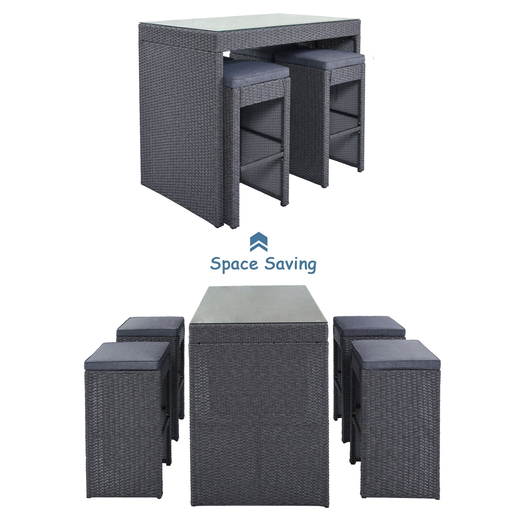 5 Pieces Outdoor Patio Rattan Bar Dining Table Set with 4 Stools