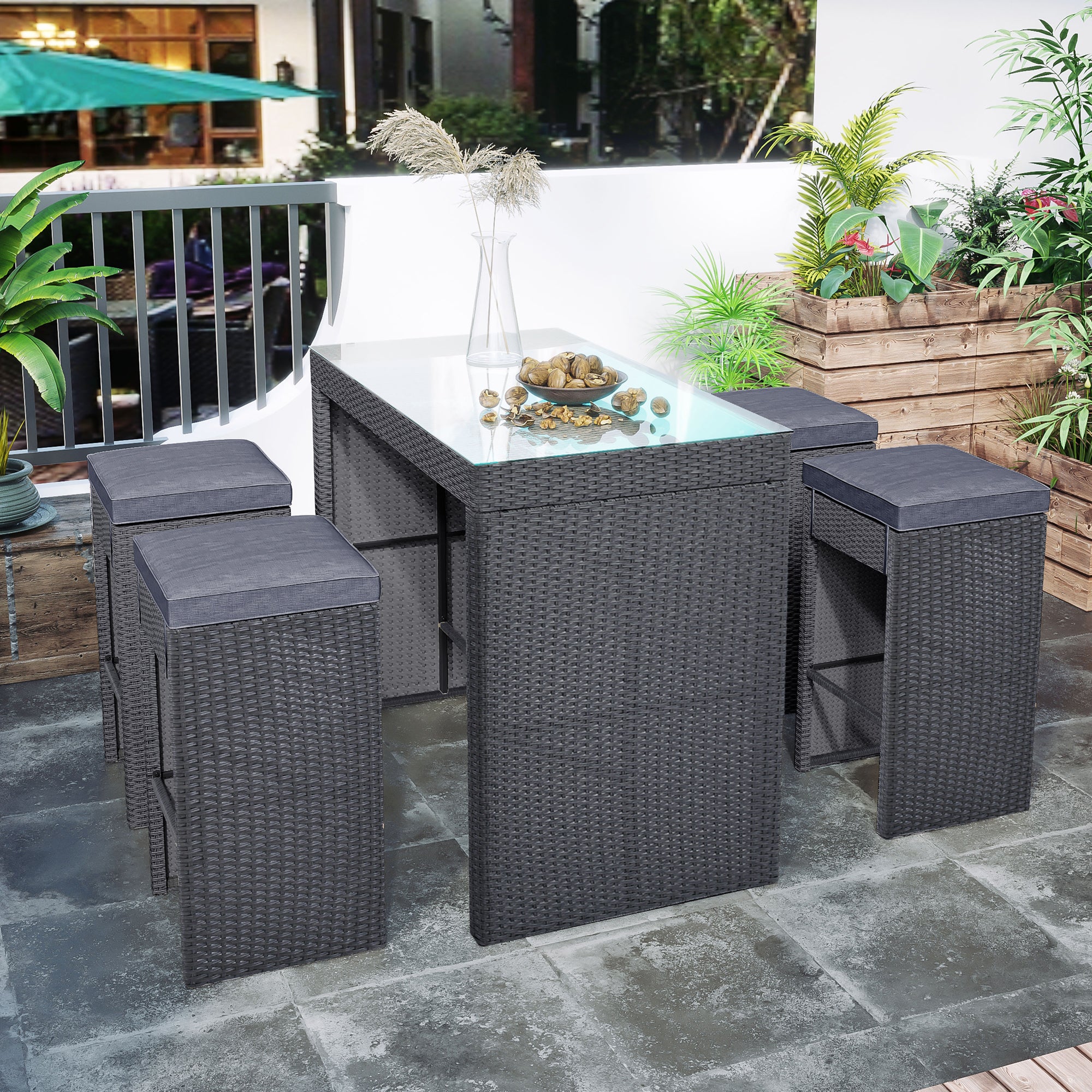 5 Pieces Outdoor Patio Rattan Bar Dining Table Set with 4 Stools