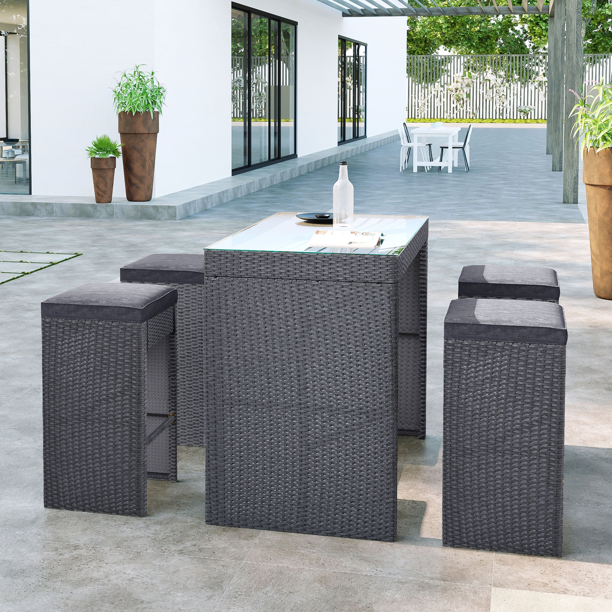 5 Pieces Outdoor Patio Rattan Bar Dining Table Set with 4 Stools