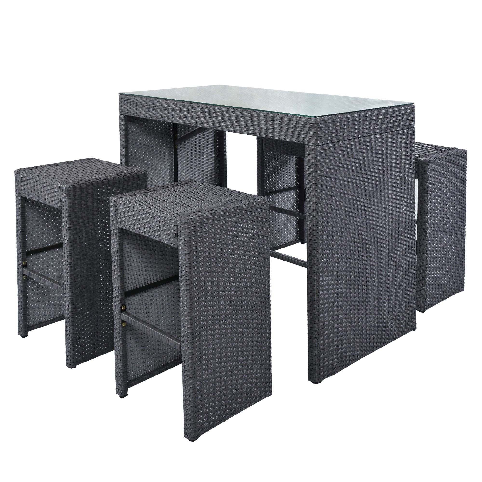 5 Pieces Outdoor Patio Rattan Bar Dining Table Set with 4 Stools