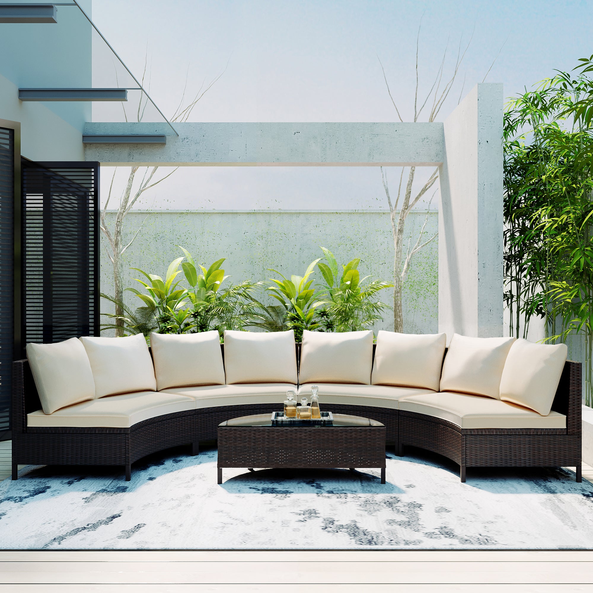 5-Piece PE Wicker Rattan Curved Outdoor Sectional Set with Grey Cushion