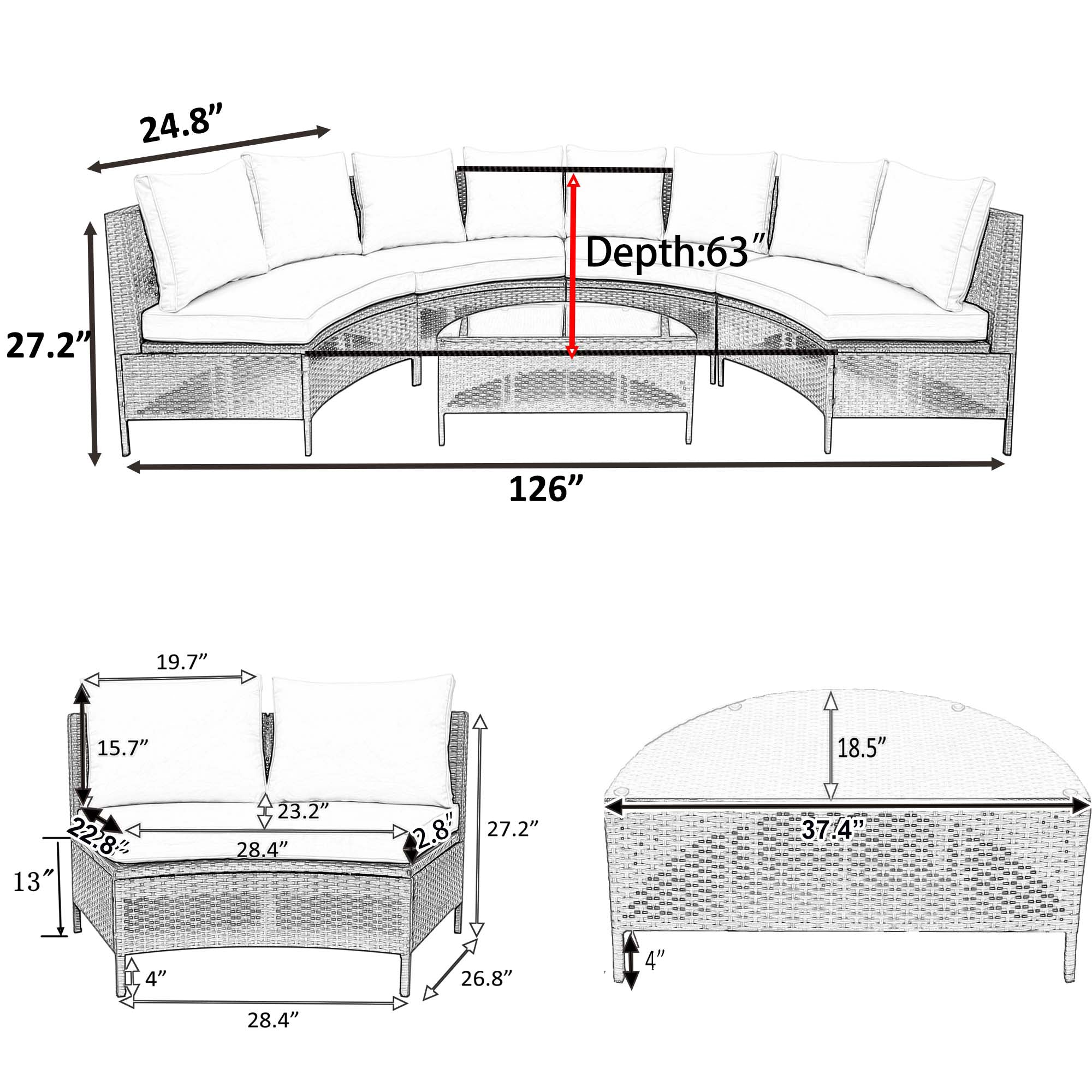 5-Piece PE Wicker Rattan Curved Outdoor Sectional Set with Grey Cushion