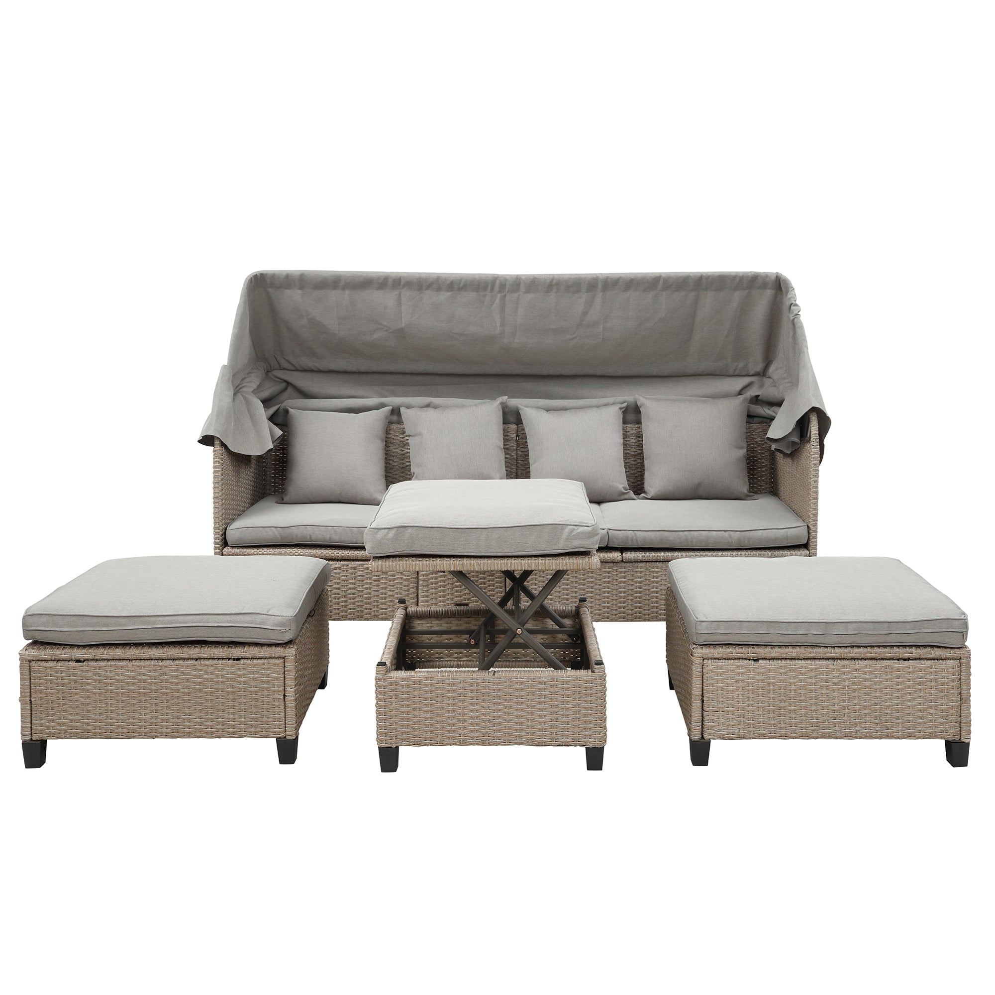 4-Piece Wicker Rattan Patio Outdoor Sectional Sofa Brown Cushion Canopy