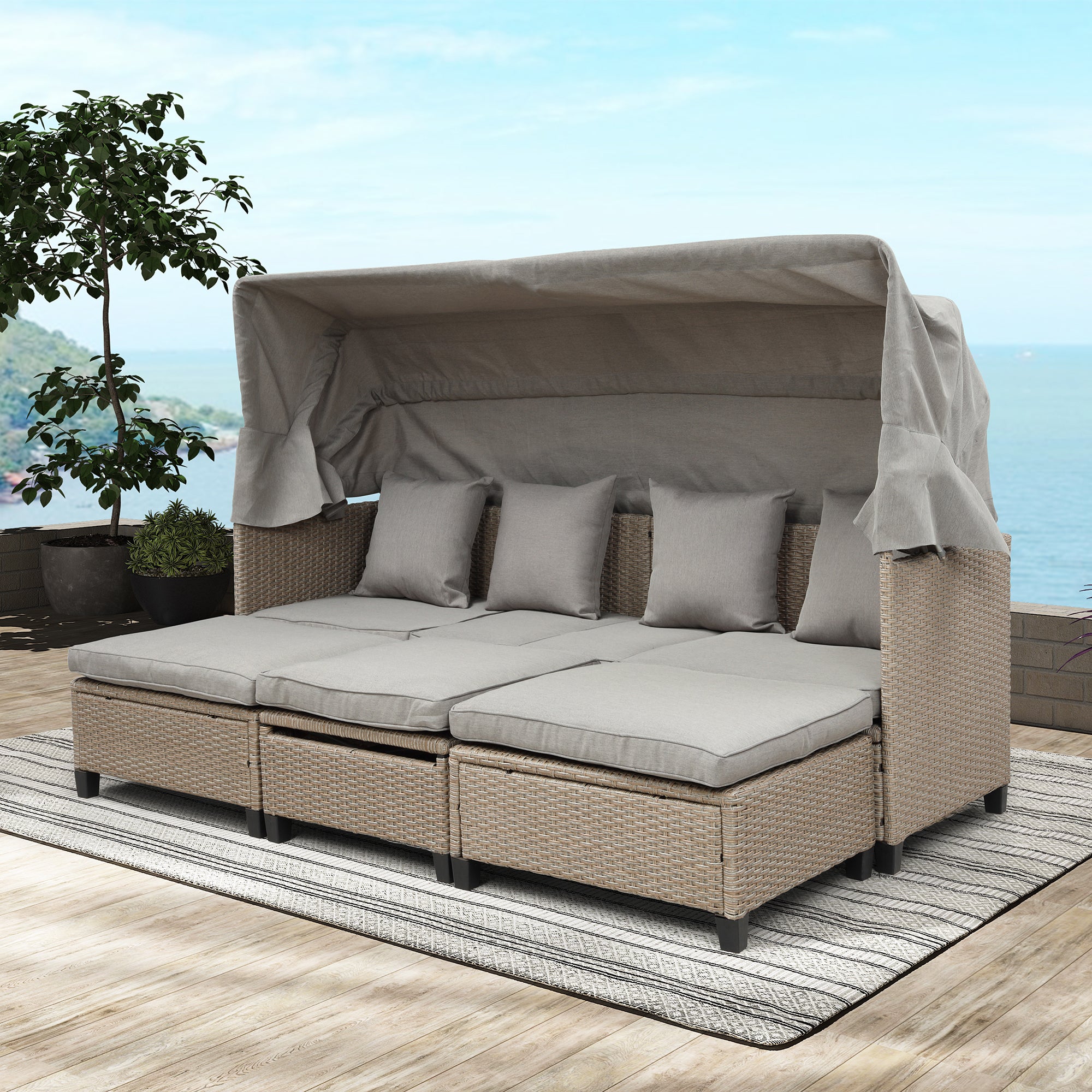 4-Piece Wicker Rattan Patio Outdoor Sectional Sofa Brown Cushion Canopy