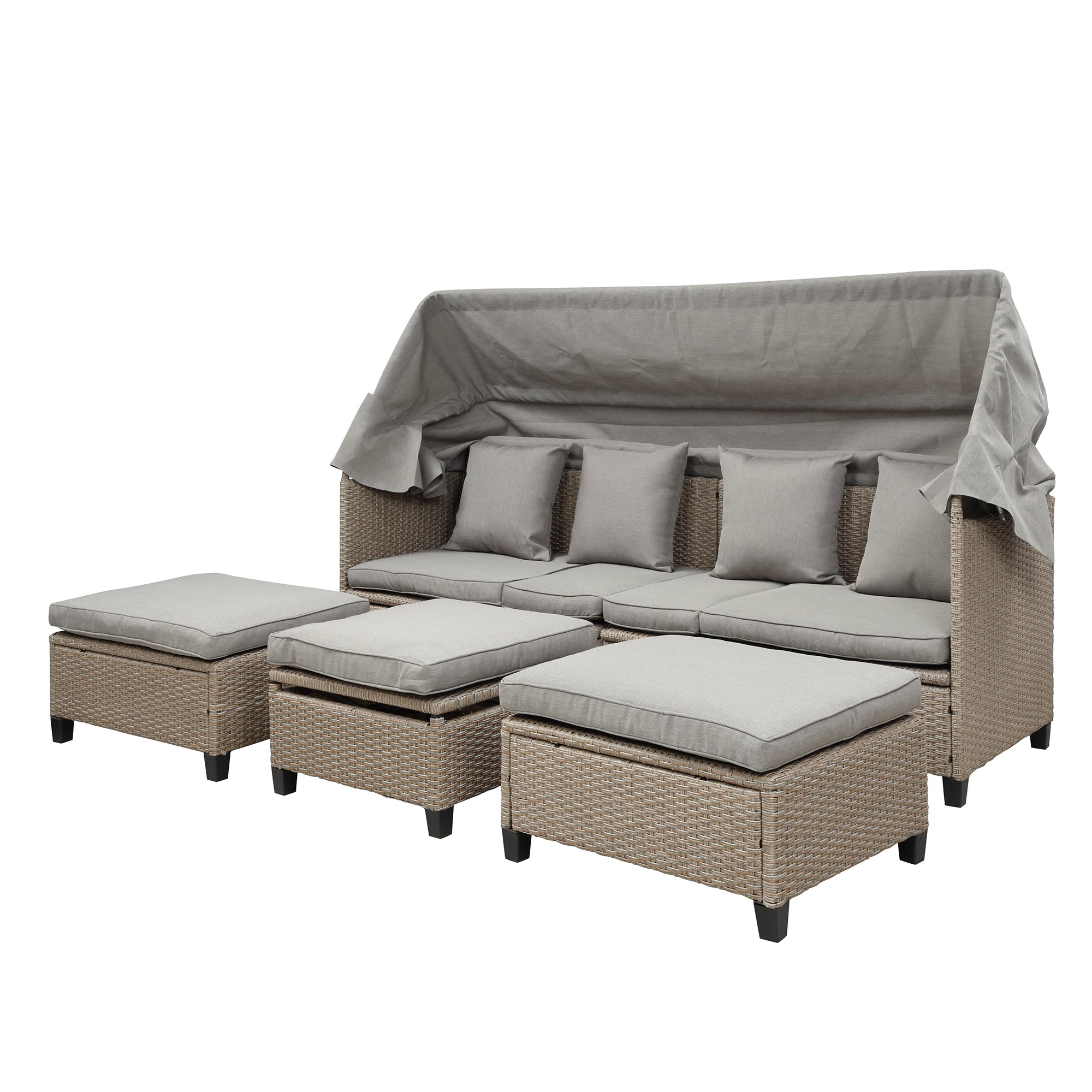4-Piece Wicker Rattan Patio Outdoor Sectional Sofa Brown Cushion Canopy
