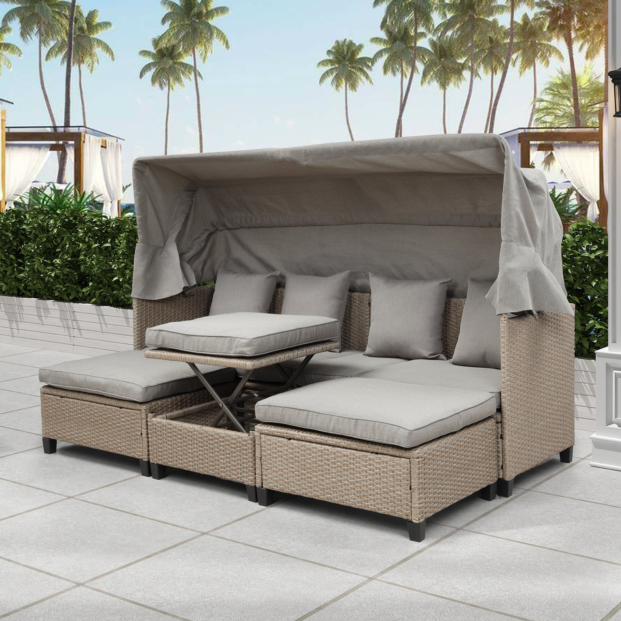 4-Piece Wicker Rattan Patio Outdoor Sectional Sofa Brown Cushion Canopy