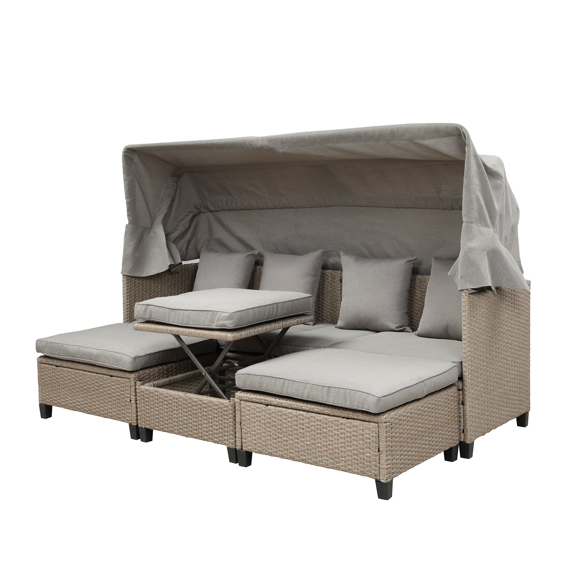 4-Piece Wicker Rattan Patio Outdoor Sectional Sofa Brown Cushion Canopy