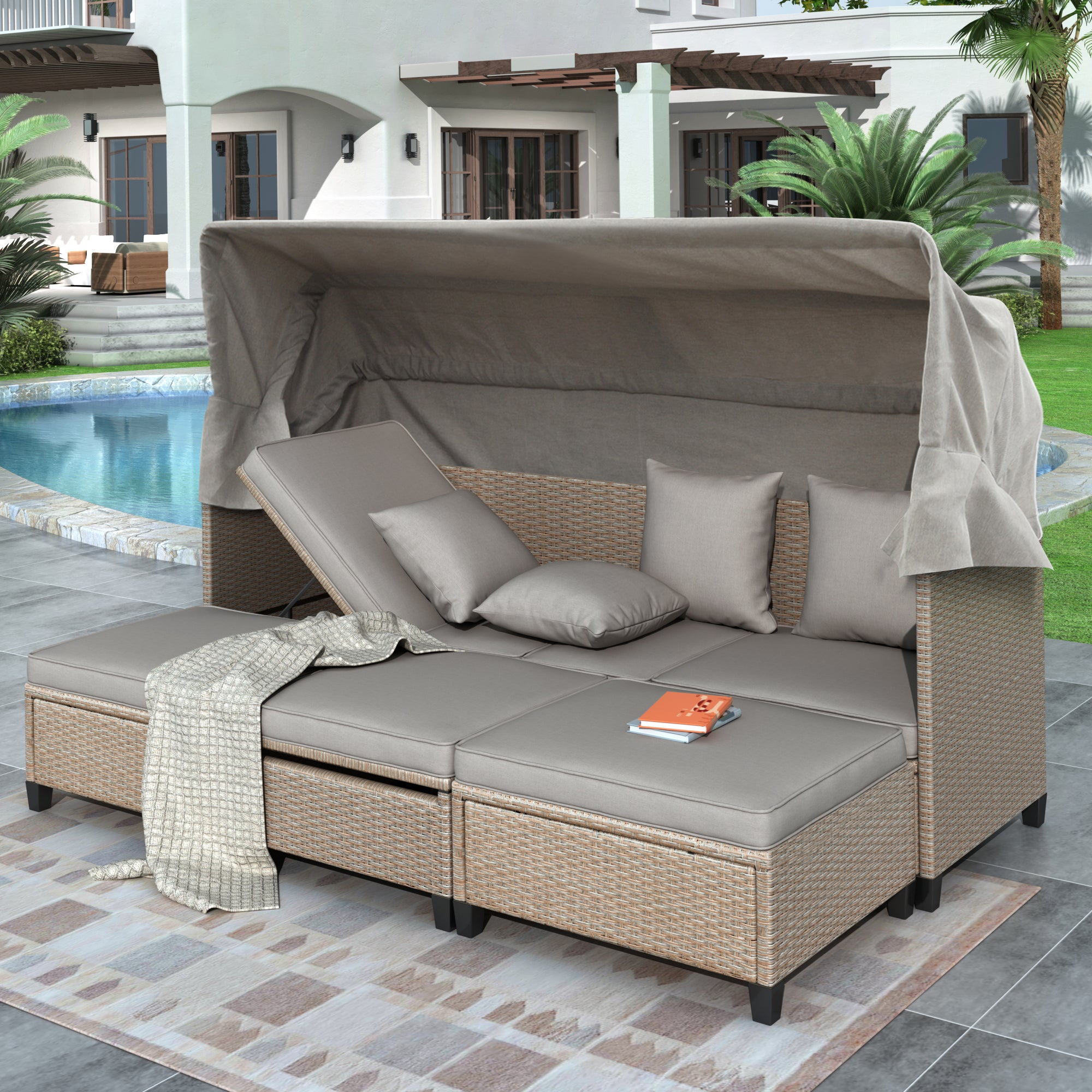 4-Piece Wicker Rattan Patio Outdoor Sectional Sofa Brown Cushion Canopy