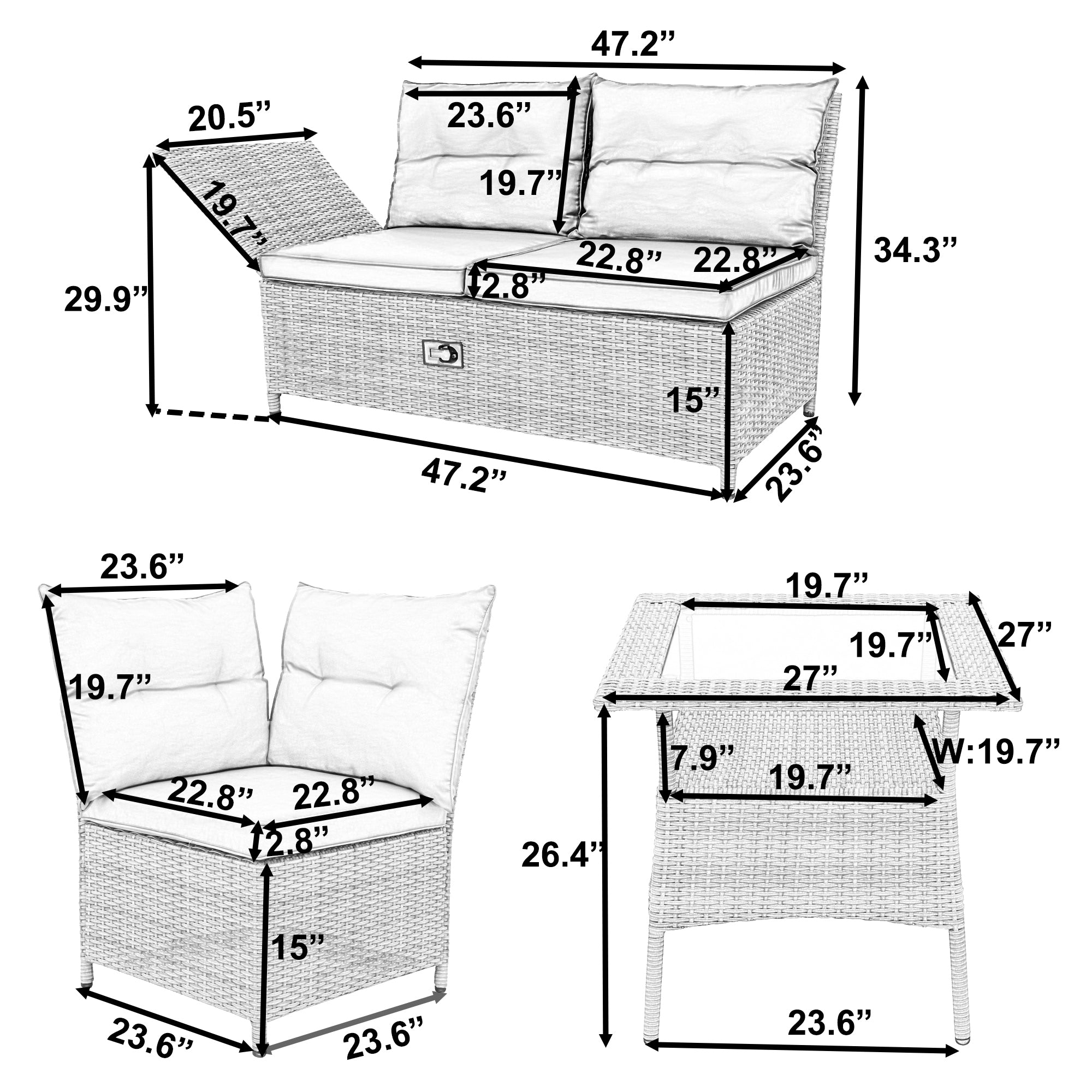 4 Pieces Outdoor Rattan Patio Sectional Sofa Set with Adjustable Backs