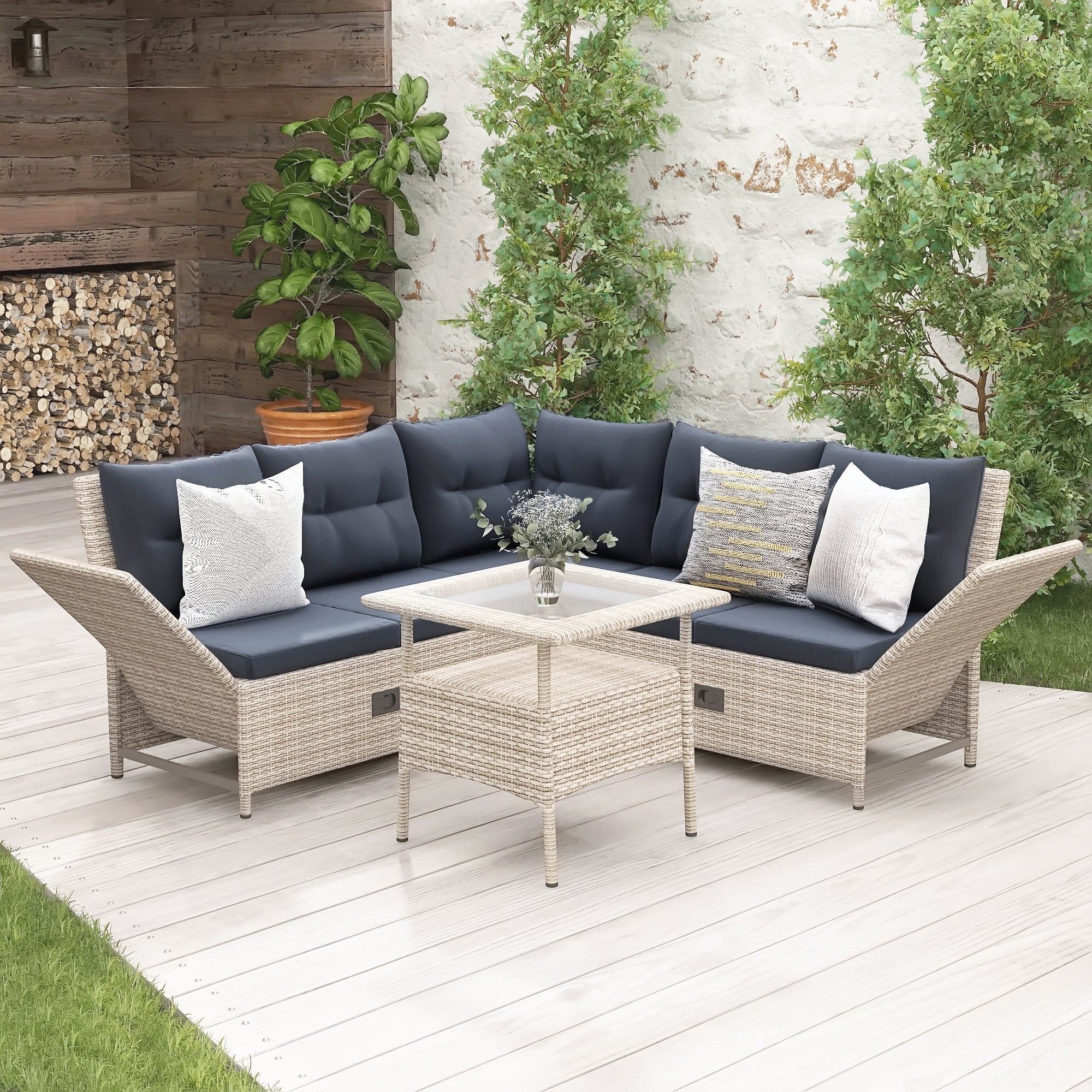 4 Pieces Outdoor Rattan Patio Sectional Sofa Set with Adjustable Backs