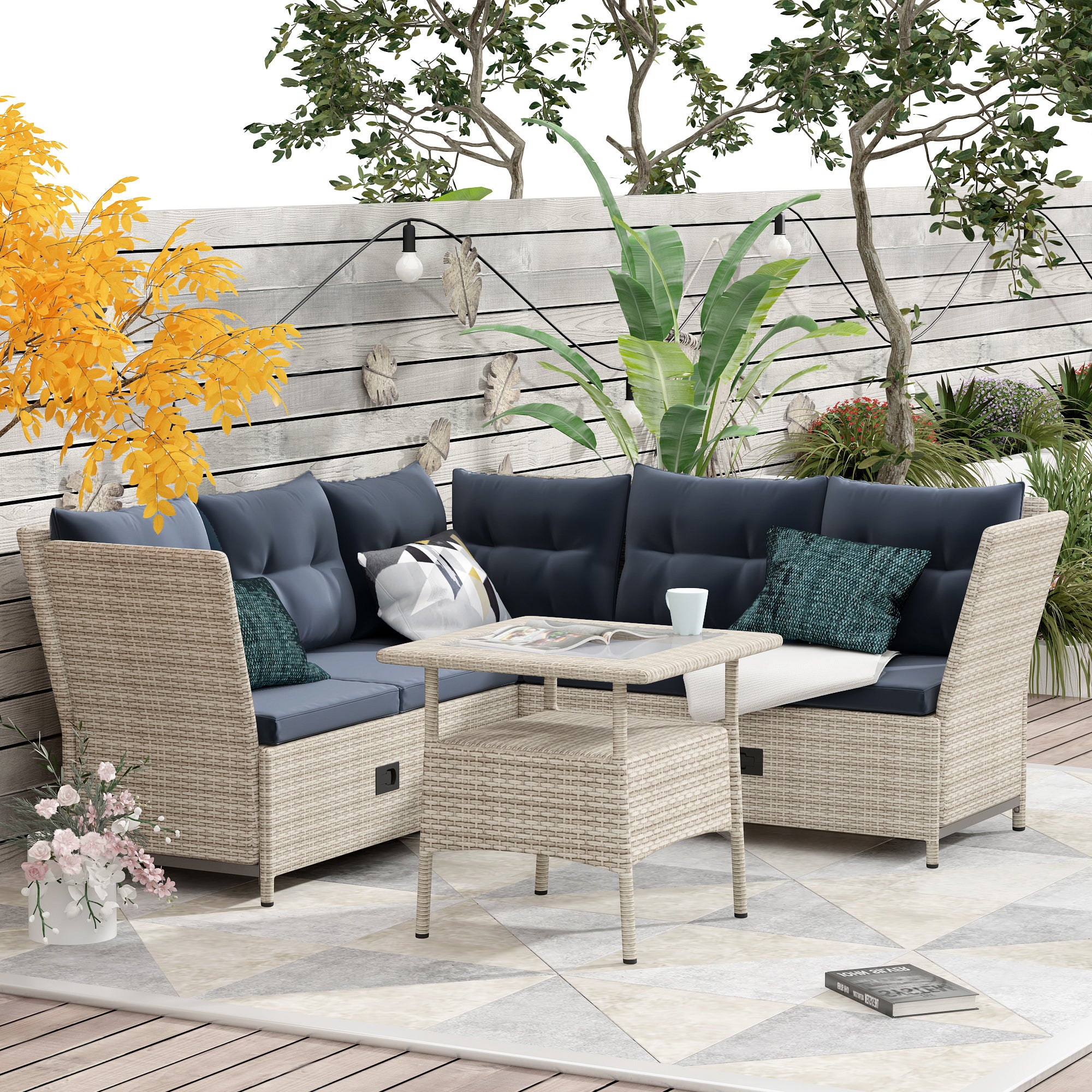 4 Pieces Outdoor Rattan Patio Sectional Sofa Set with Adjustable Backs