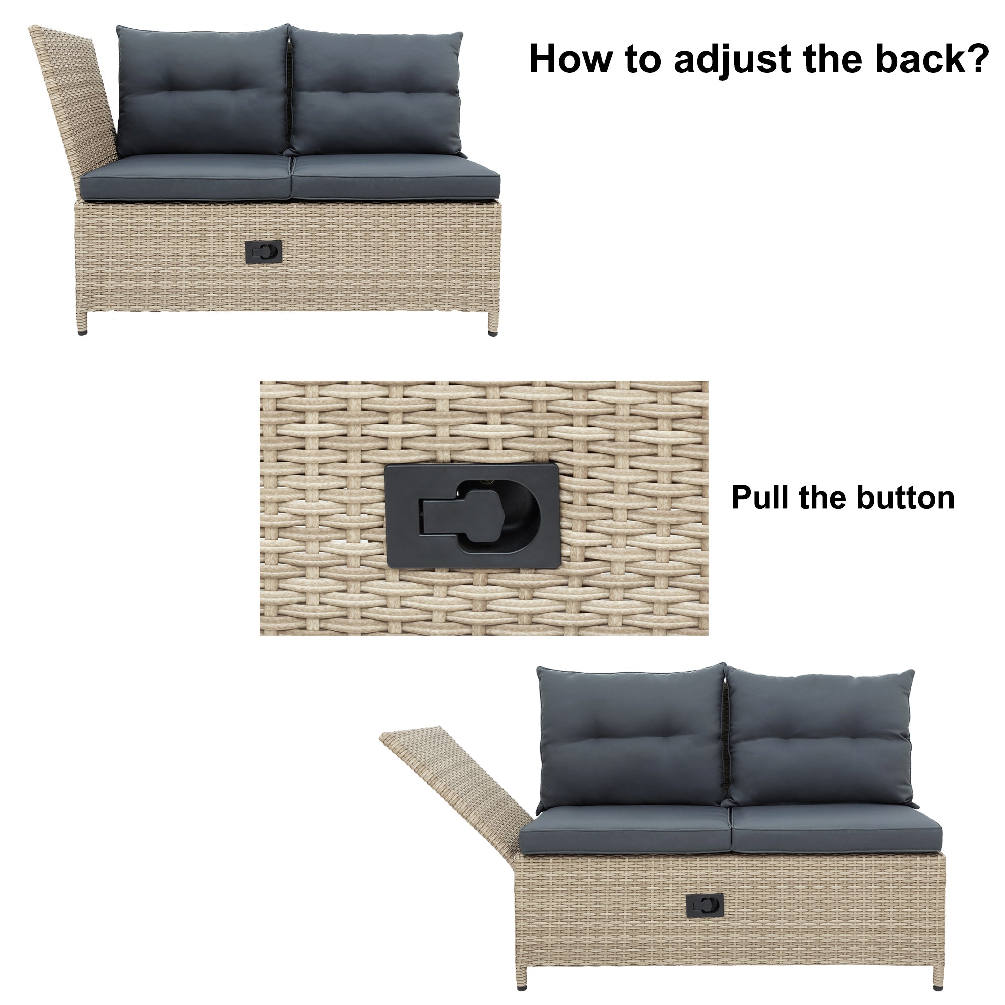 4 Pieces Outdoor Rattan Patio Sectional Sofa Set with Adjustable Backs