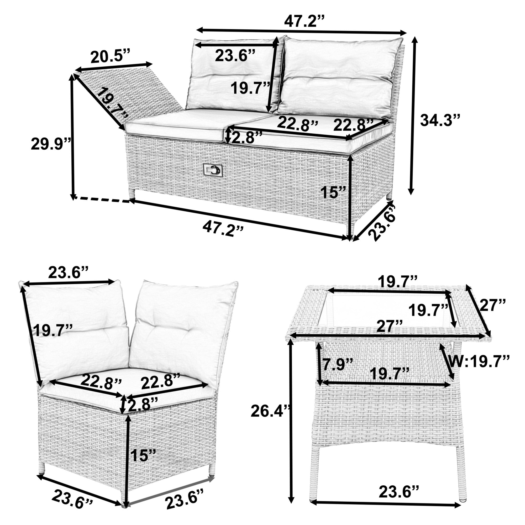 4 Pieces Outdoor Rattan Patio Sectional Sofa Set with Adjustable Backs