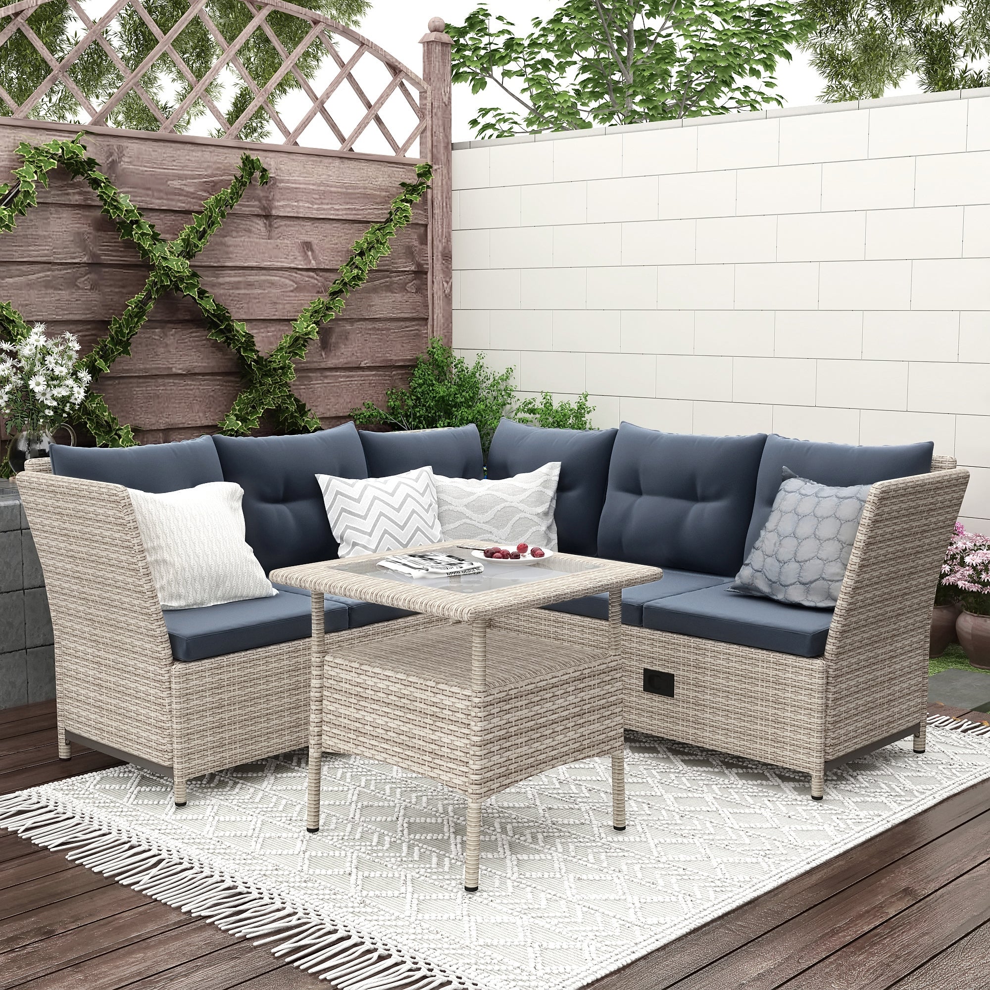 4 Pieces Outdoor Rattan Patio Sectional Sofa Set with Adjustable Backs