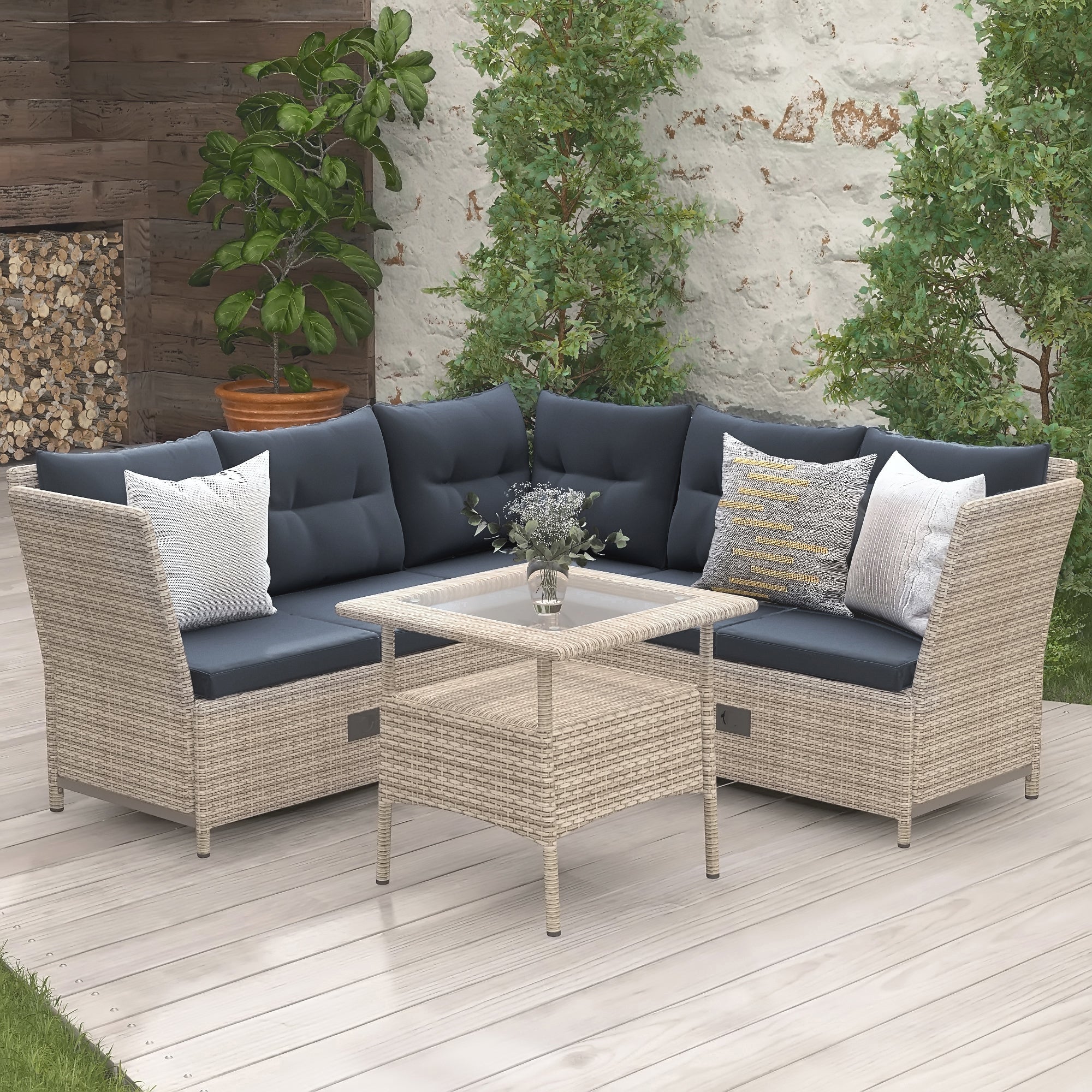 4 Pieces Outdoor Rattan Patio Sectional Sofa Set with Adjustable Backs