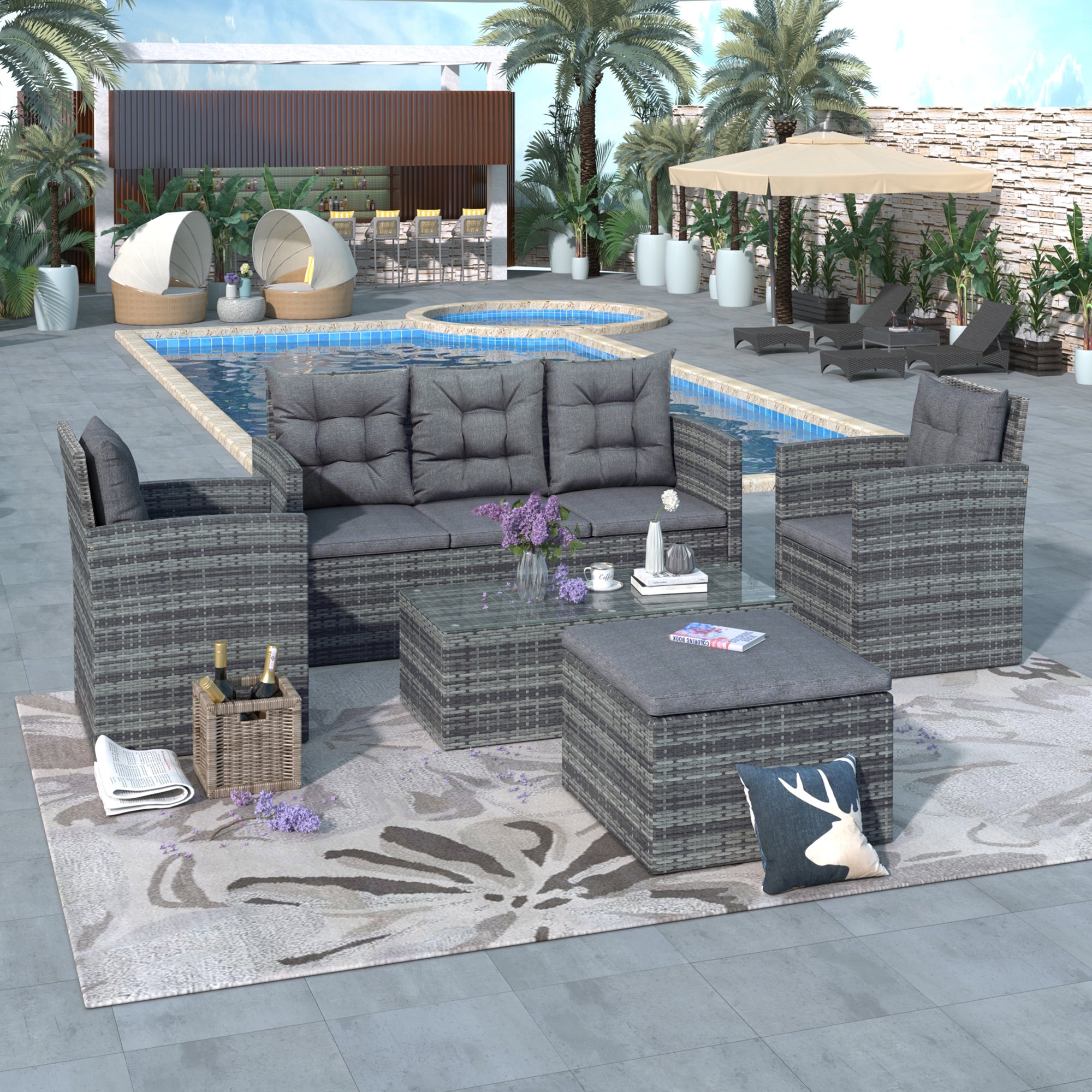 5 Pieces Outdoor Rattan Patio Sectional Sofa Set with Storage Bench