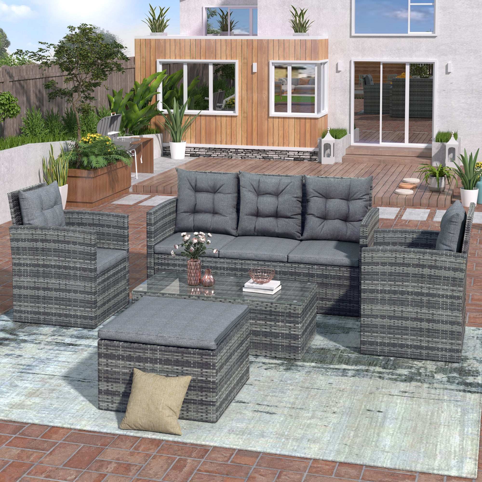 5 Pieces Outdoor Rattan Patio Sectional Sofa Set with Storage Bench