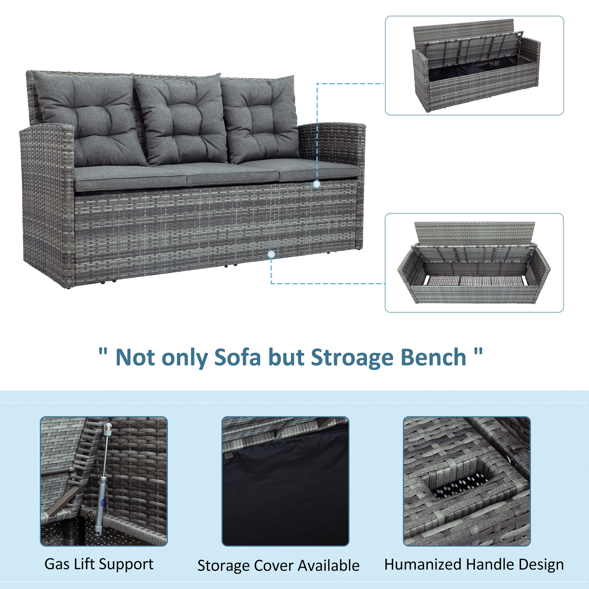 5 Pieces Outdoor Rattan Patio Sectional Sofa Set with Storage Bench