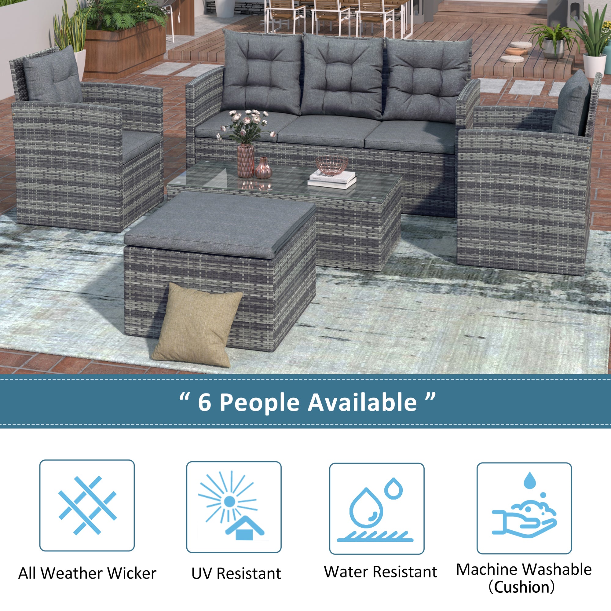 5 Pieces Outdoor Rattan Patio Sectional Sofa Set with Storage Bench