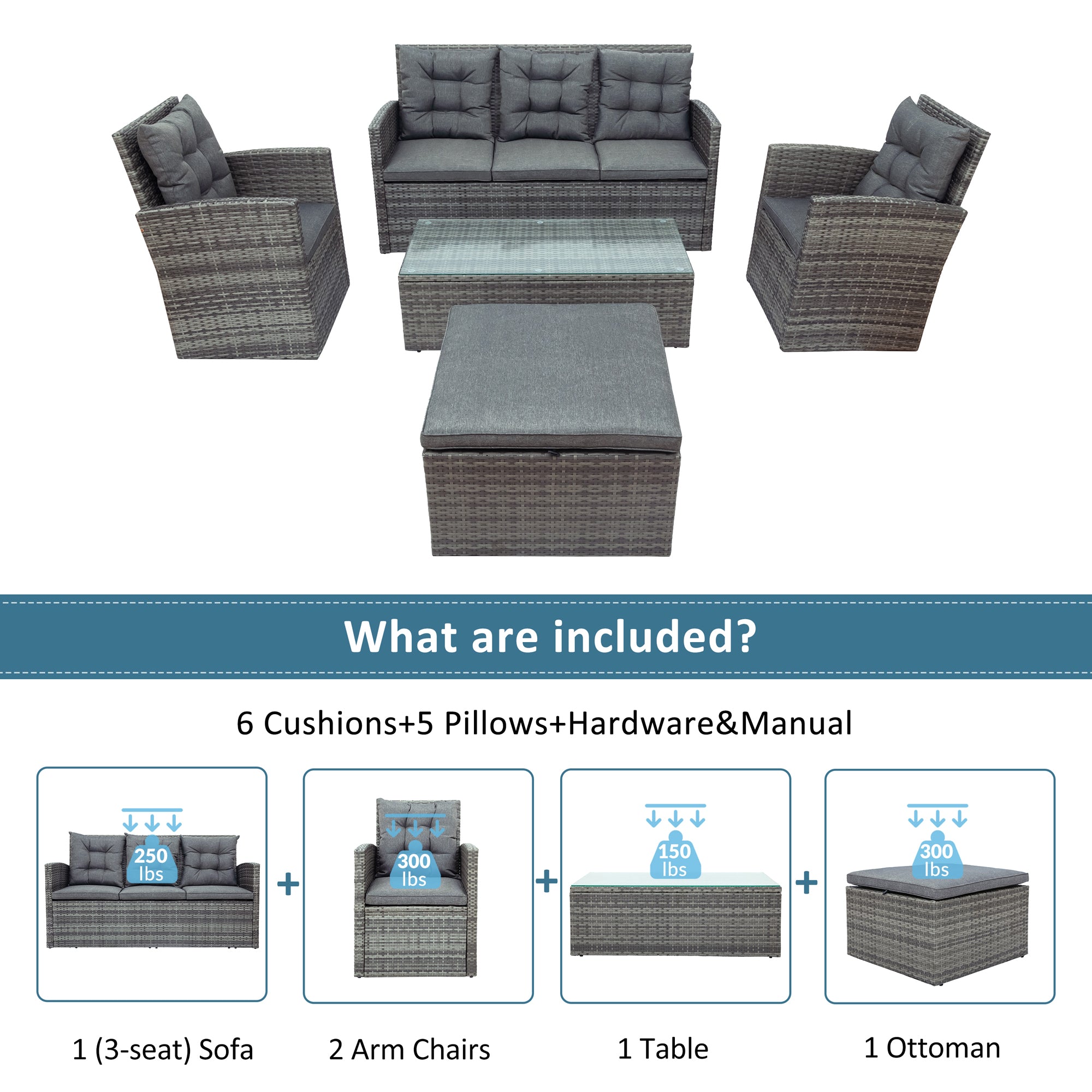 5 Pieces Outdoor Rattan Patio Sectional Sofa Set with Storage Bench