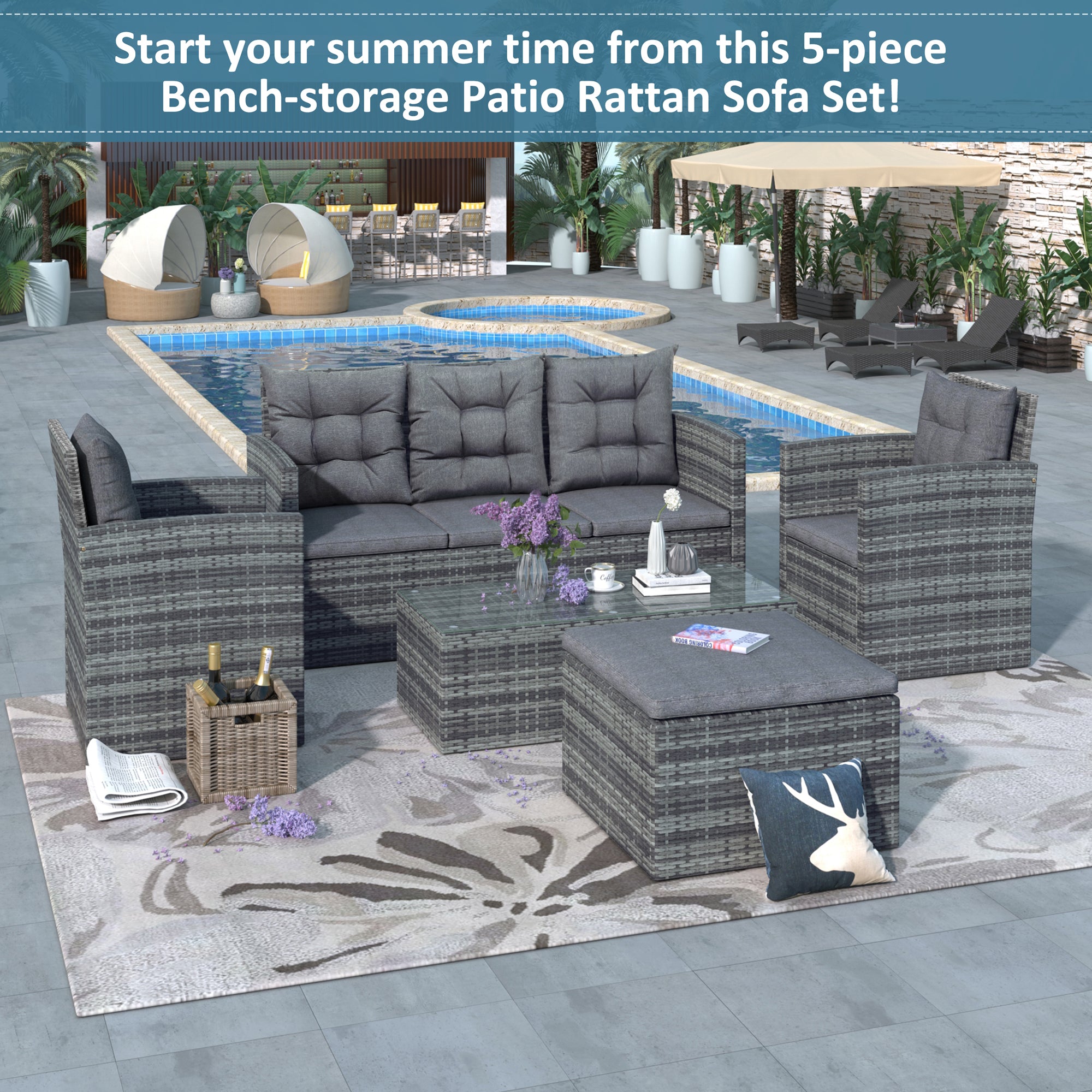 5 Pieces Outdoor Rattan Patio Sectional Sofa Set with Storage Bench